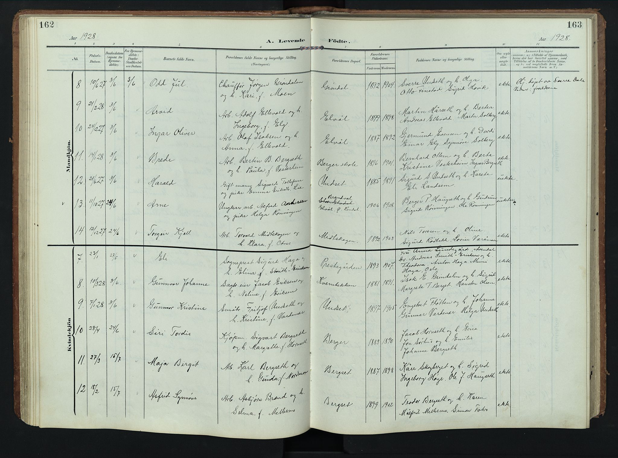 Rendalen prestekontor, AV/SAH-PREST-054/H/Ha/Hab/L0004: Klokkerbok nr. 4, 1904-1946, s. 162-163
