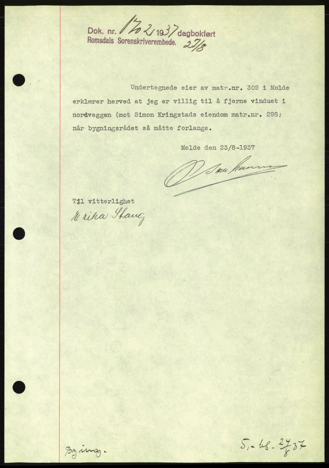 Romsdal sorenskriveri, SAT/A-4149/1/2/2C: Pantebok nr. A3, 1937-1937, Dagboknr: 1702/1937