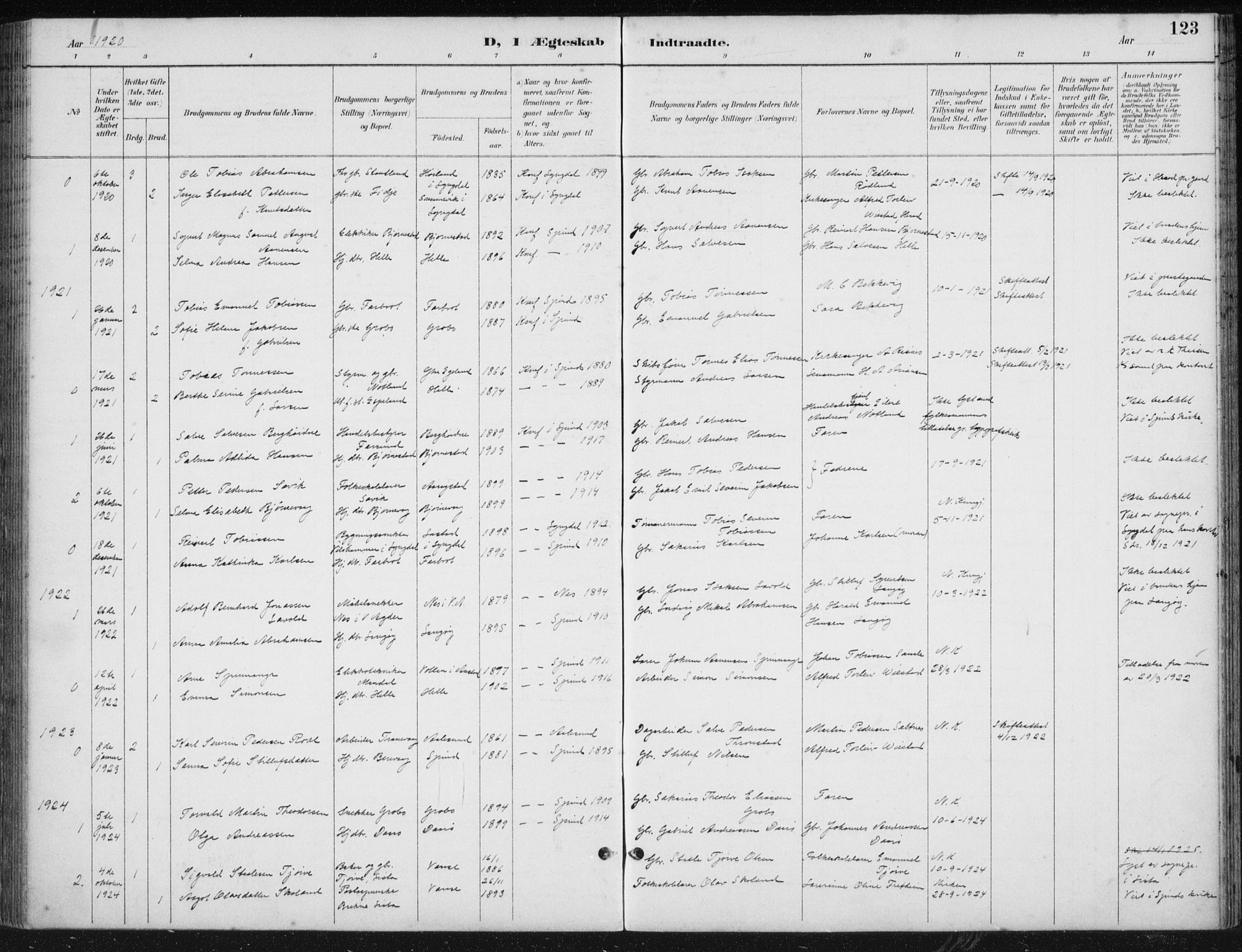 Herad sokneprestkontor, AV/SAK-1111-0018/F/Fb/Fbb/L0004: Klokkerbok nr. B 4, 1890-1935, s. 123