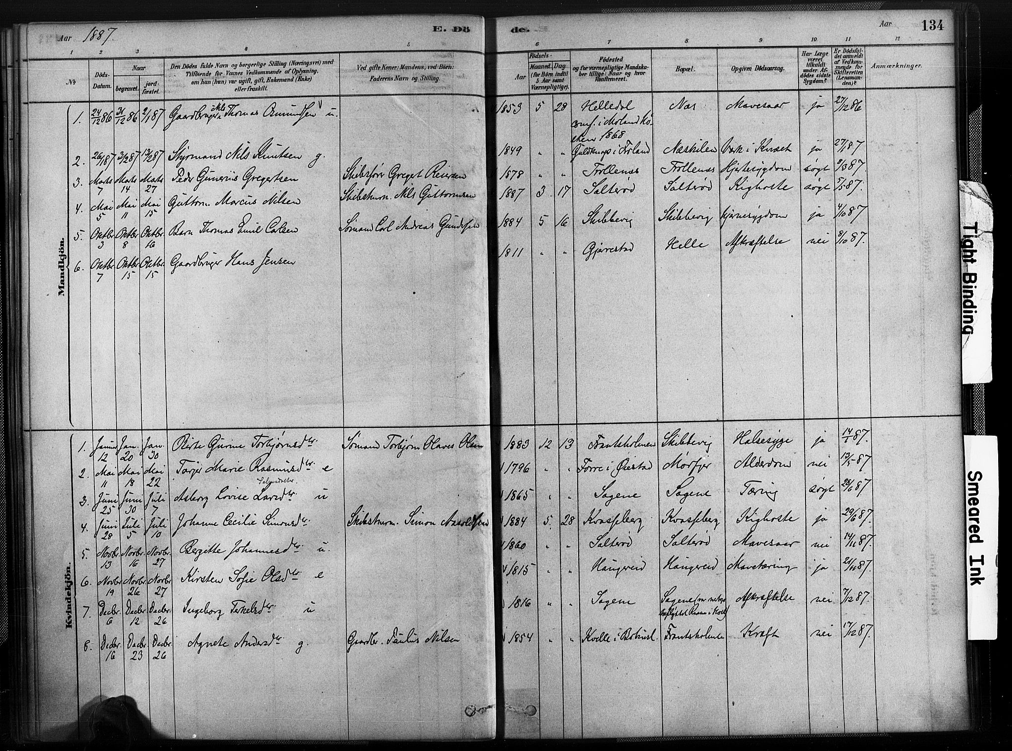 Austre Moland sokneprestkontor, AV/SAK-1111-0001/F/Fa/Fab/L0001: Ministerialbok nr. A 1, 1878-1898, s. 134
