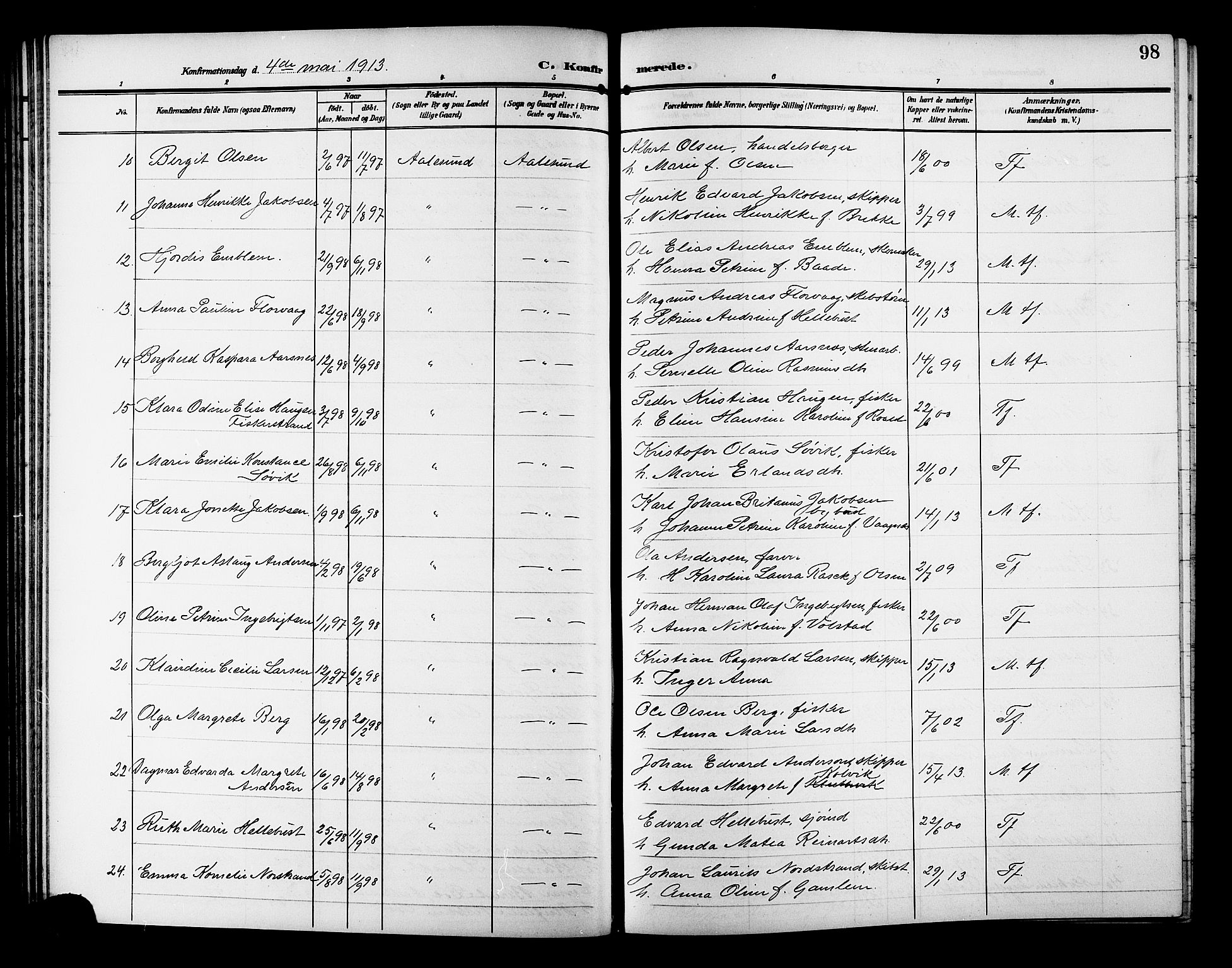 Ministerialprotokoller, klokkerbøker og fødselsregistre - Møre og Romsdal, AV/SAT-A-1454/529/L0470: Klokkerbok nr. 529C07, 1907-1917, s. 98