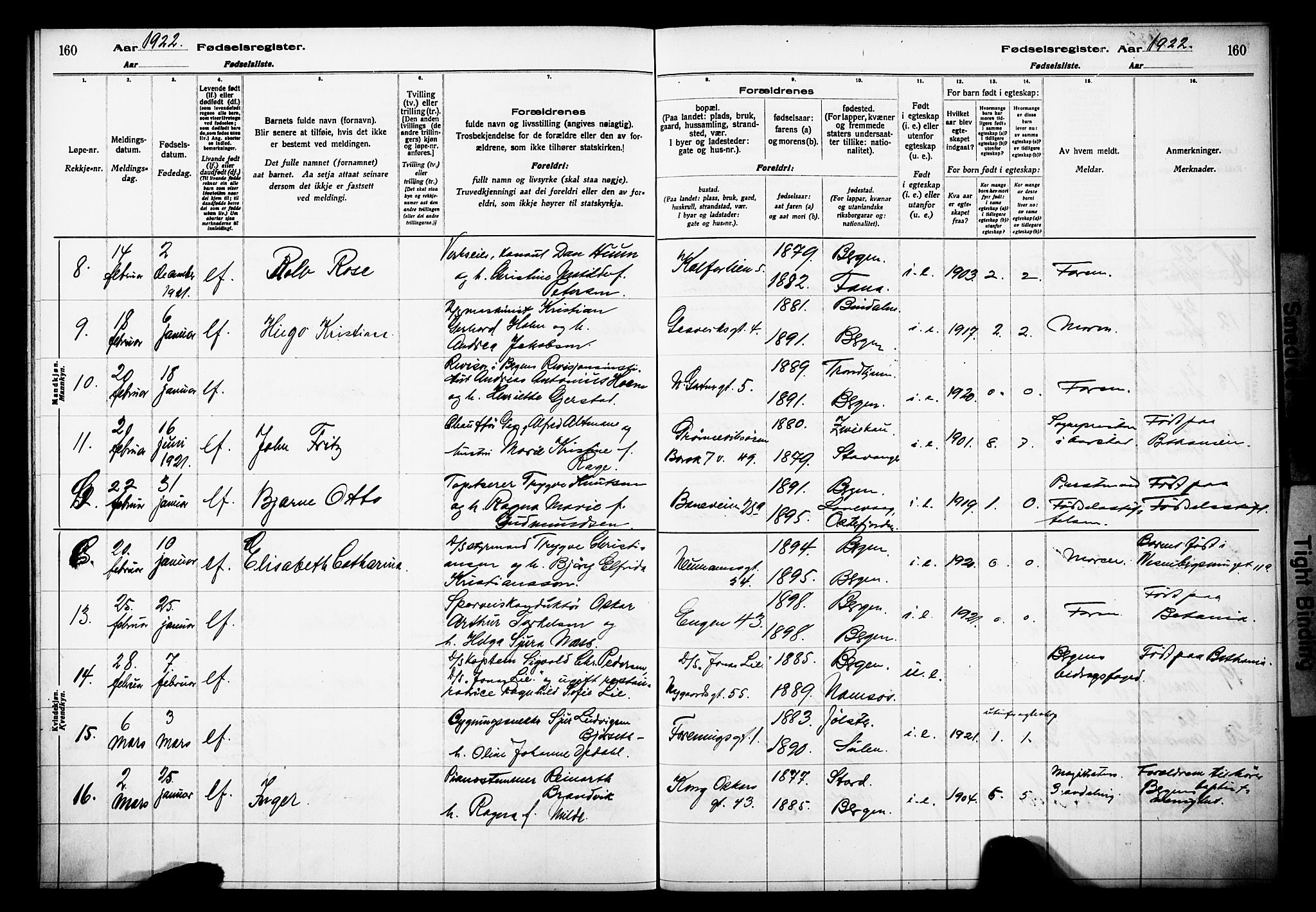 Domkirken sokneprestembete, AV/SAB-A-74801/I/Id/L00A1: Fødselsregister nr. A 1, 1916-1923, s. 160