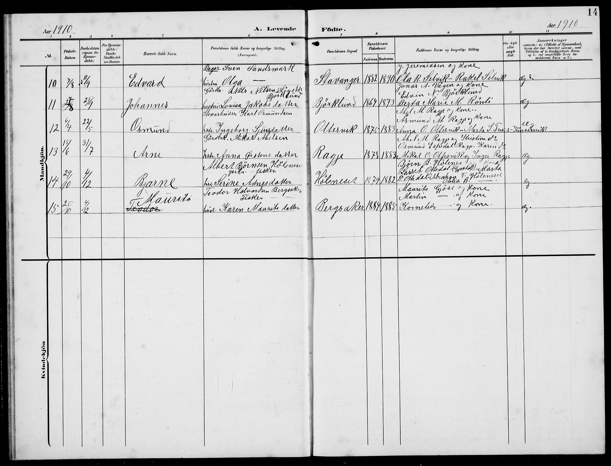 Høgsfjord sokneprestkontor, AV/SAST-A-101624/H/Ha/Hab/L0004: Klokkerbok nr. B 4, 1906-1938, s. 14