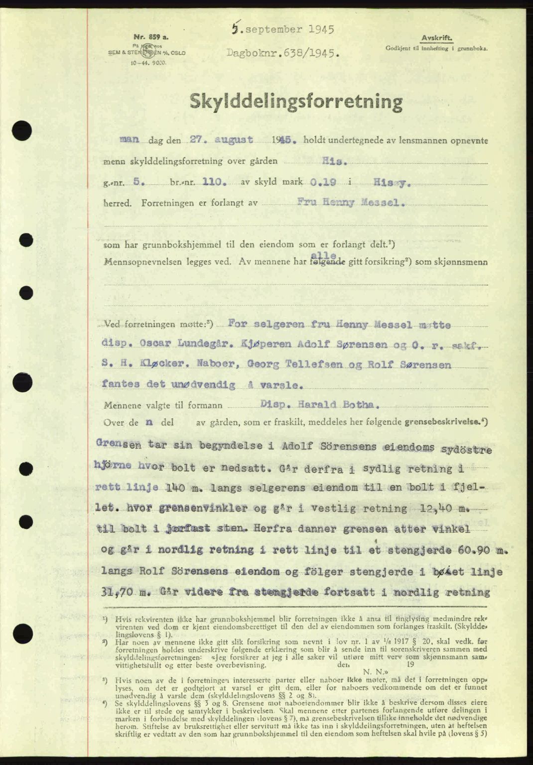 Nedenes sorenskriveri, SAK/1221-0006/G/Gb/Gba/L0052: Pantebok nr. A6a, 1944-1945, Dagboknr: 638/1945