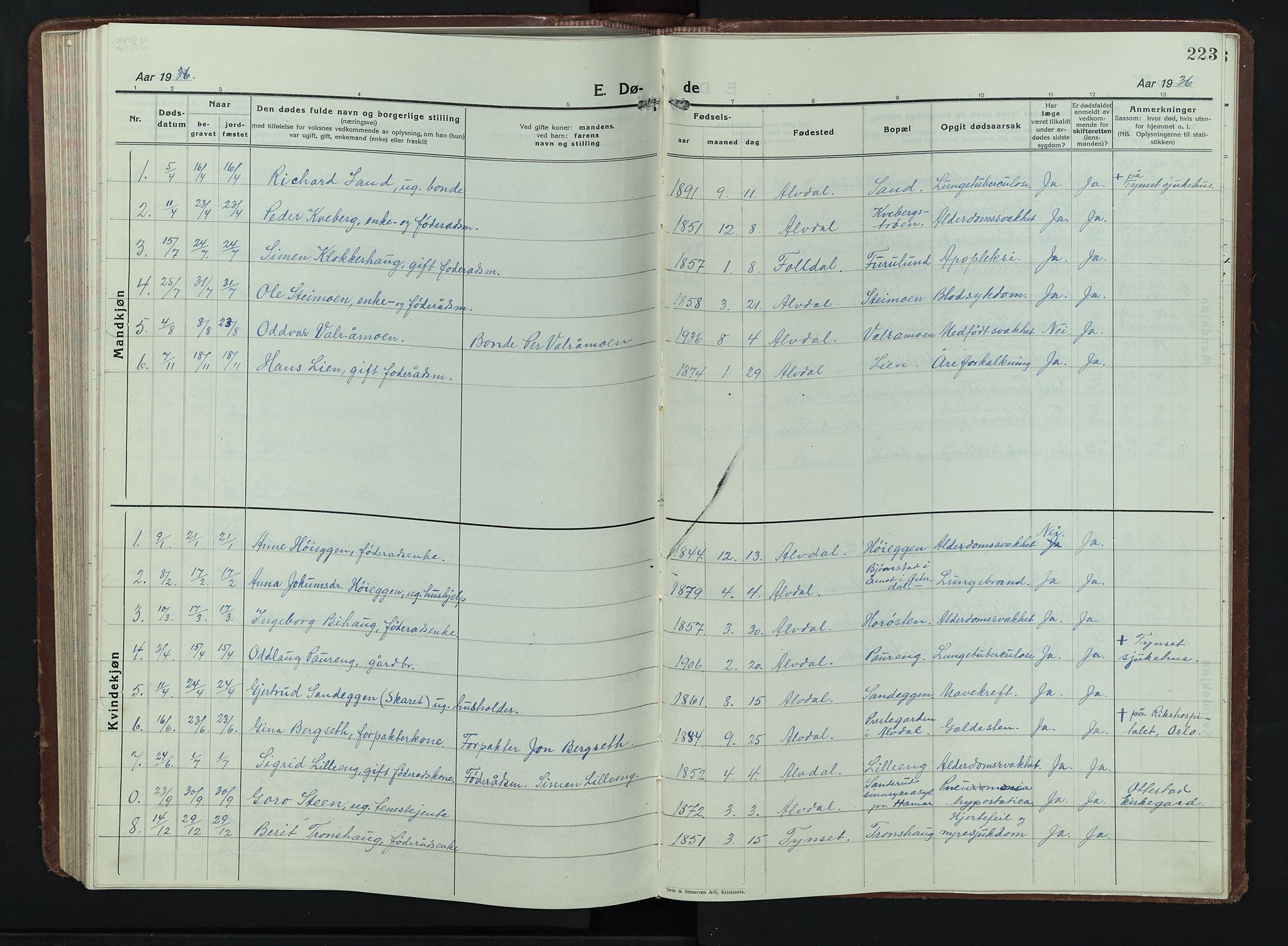 Alvdal prestekontor, AV/SAH-PREST-060/H/Ha/Hab/L0007: Klokkerbok nr. 7, 1924-1945, s. 223