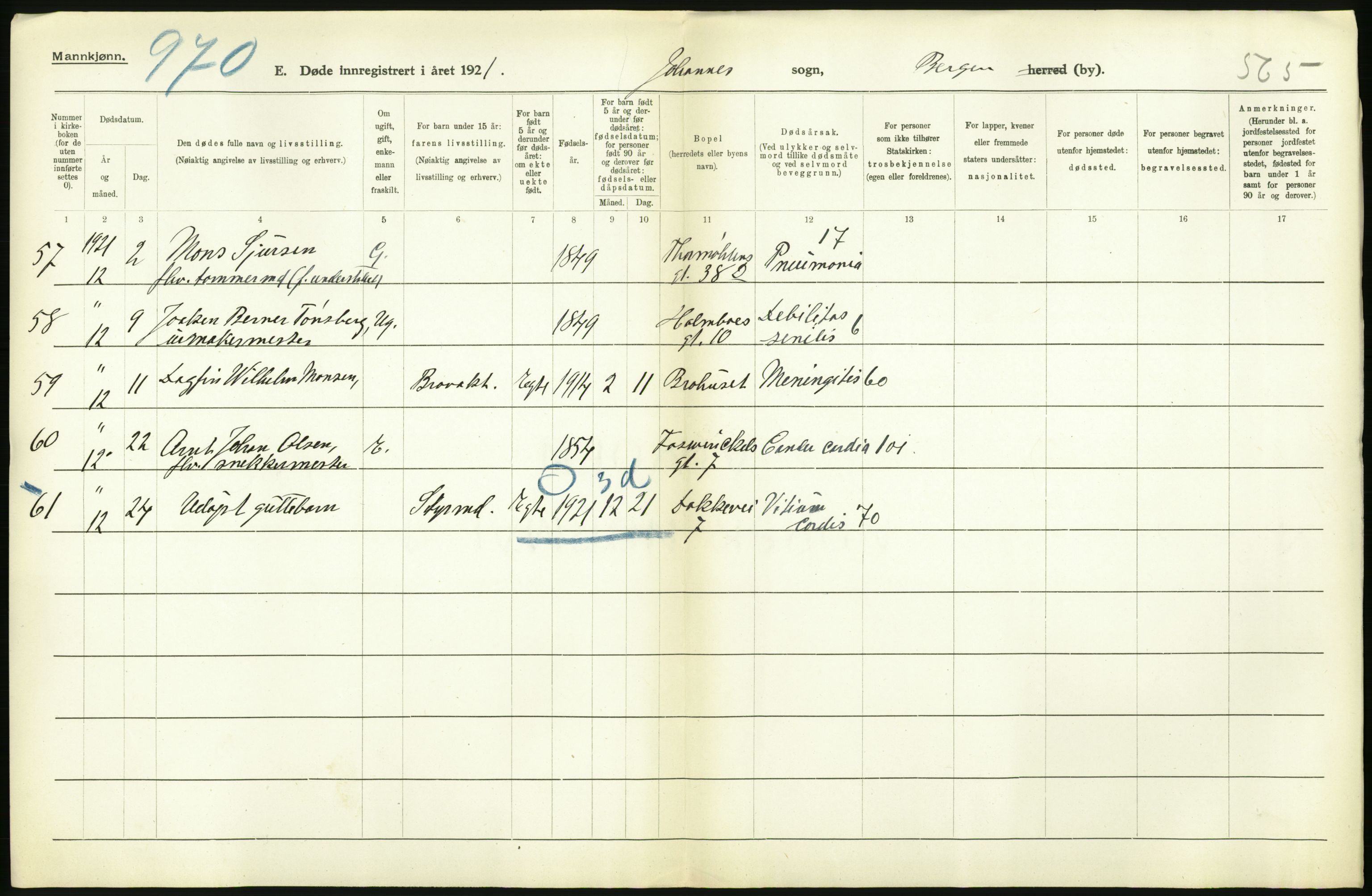 Statistisk sentralbyrå, Sosiodemografiske emner, Befolkning, RA/S-2228/D/Df/Dfc/Dfca/L0036: Bergen: Døde., 1921, s. 58