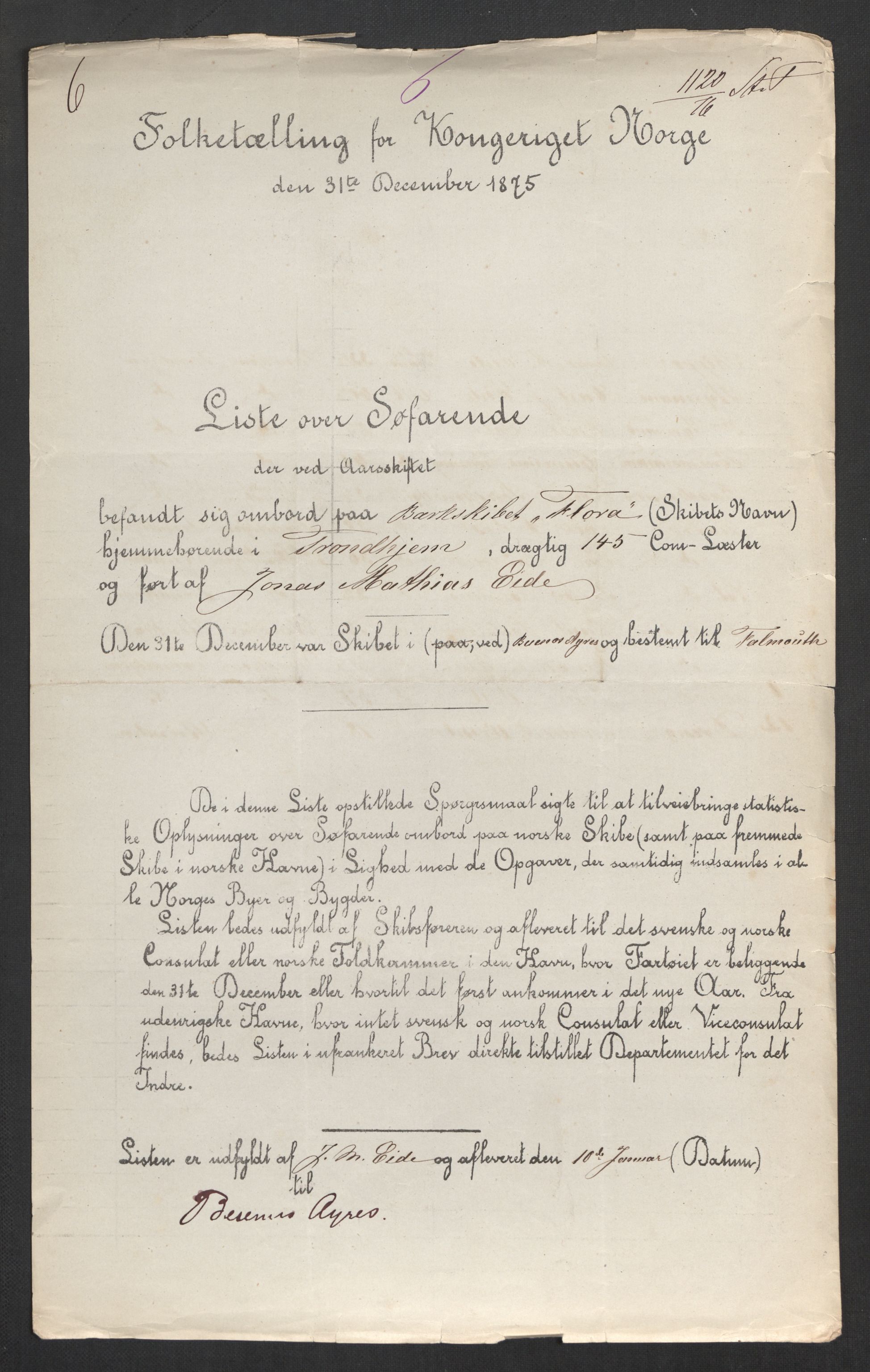 RA, Folketelling 1875, skipslister: Skip i utenrikske havner, hjemmehørende i 1) byer og ladesteder, Grimstad - Tromsø, 2) landdistrikter, 1875, s. 1079