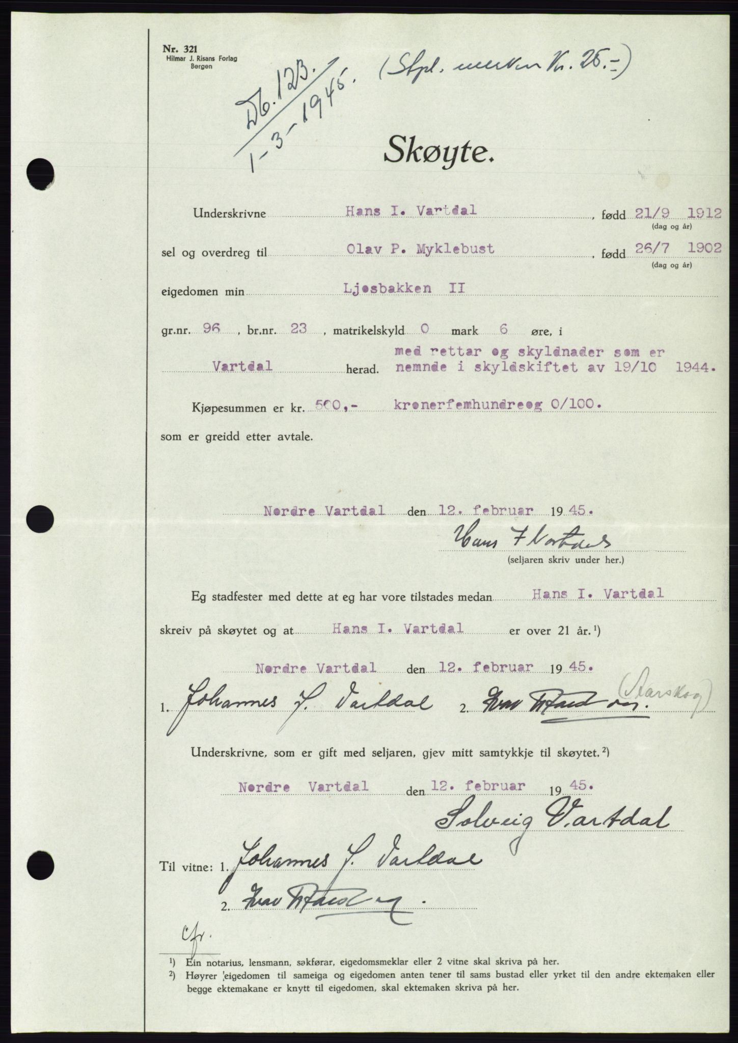 Søre Sunnmøre sorenskriveri, AV/SAT-A-4122/1/2/2C/L0077: Pantebok nr. 3A, 1945-1946, Dagboknr: 123/1945