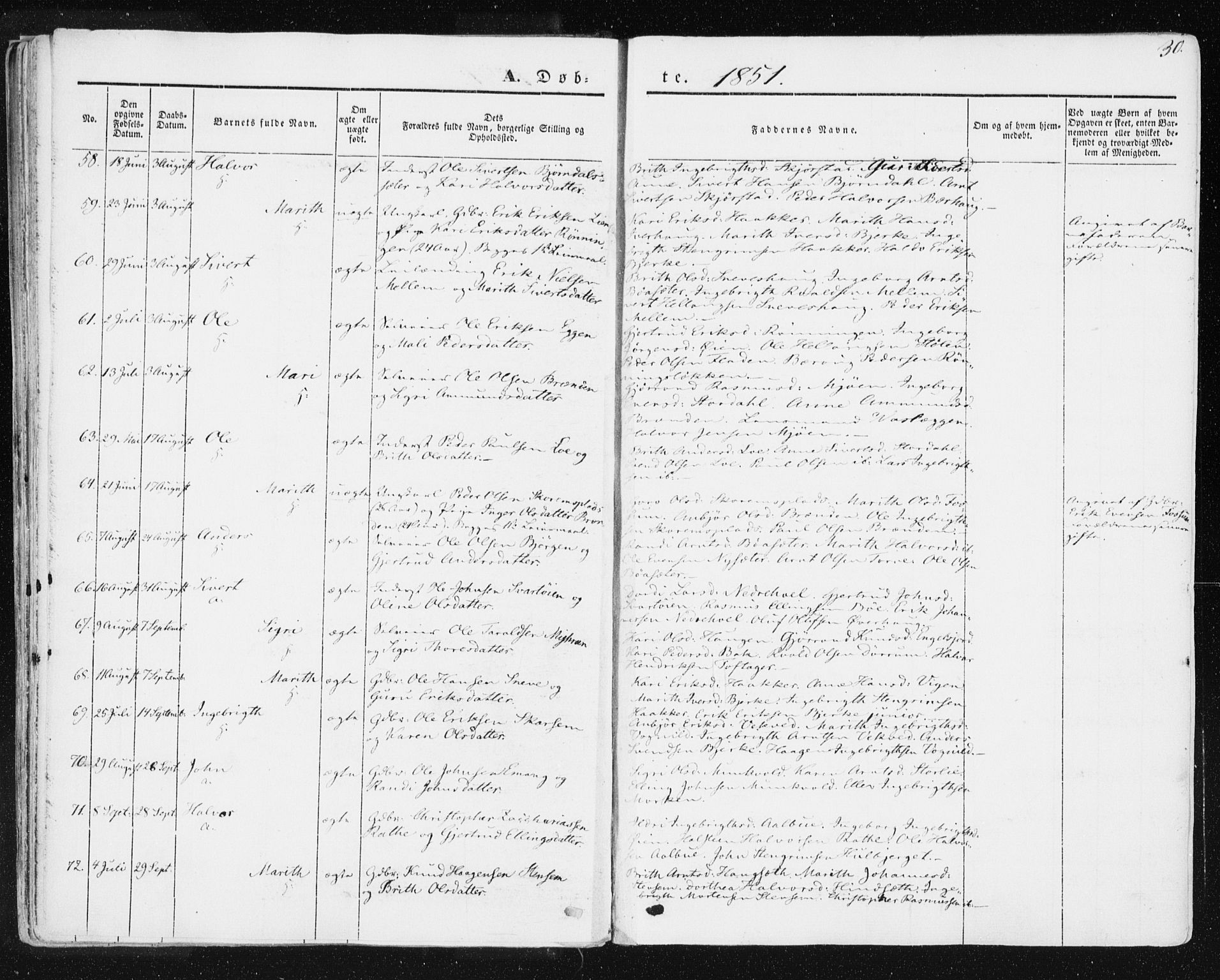 Ministerialprotokoller, klokkerbøker og fødselsregistre - Sør-Trøndelag, SAT/A-1456/678/L0899: Ministerialbok nr. 678A08, 1848-1872, s. 30