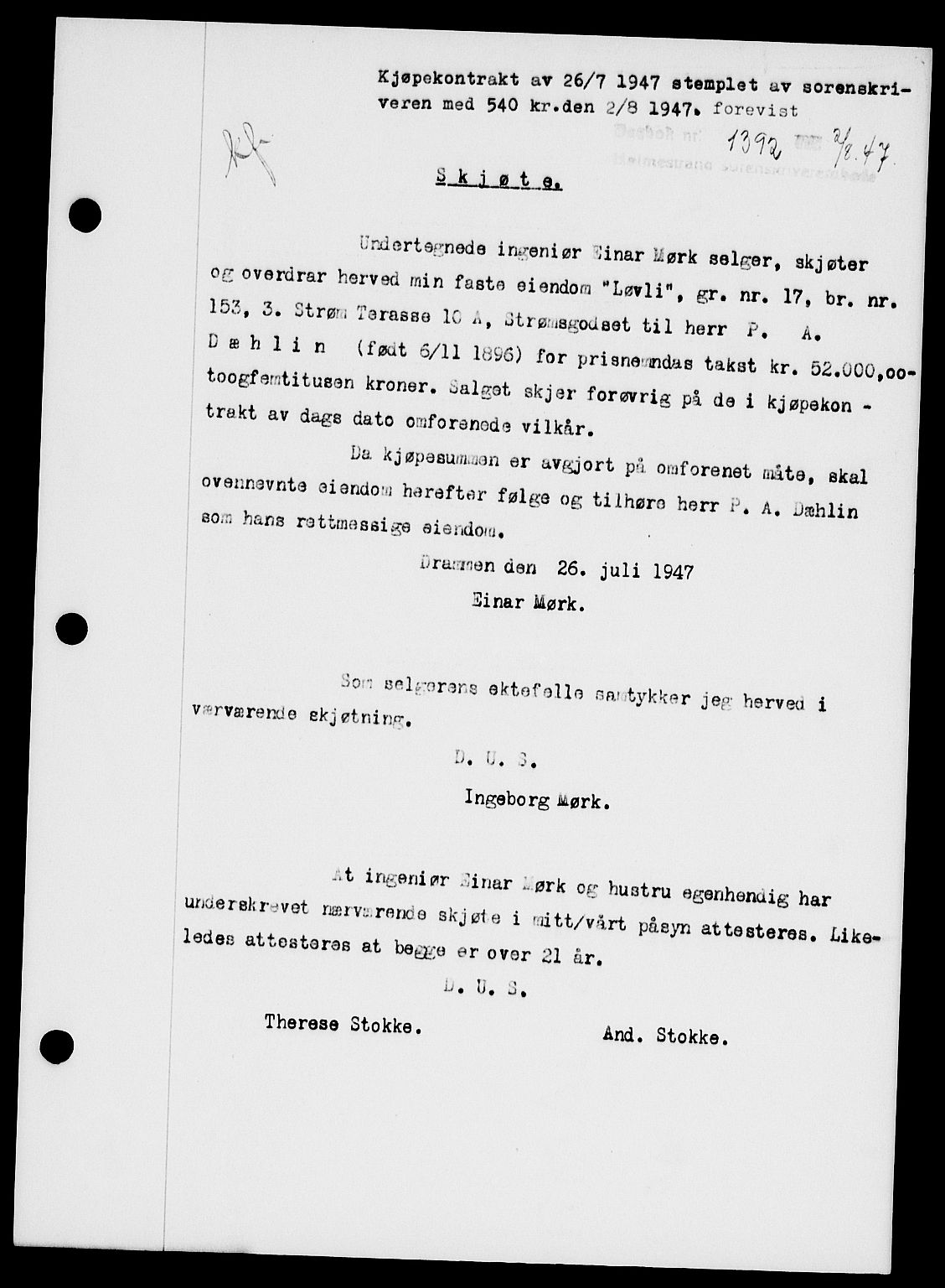 Holmestrand sorenskriveri, SAKO/A-67/G/Ga/Gaa/L0062: Pantebok nr. A-62, 1947-1947, Dagboknr: 1392/1947