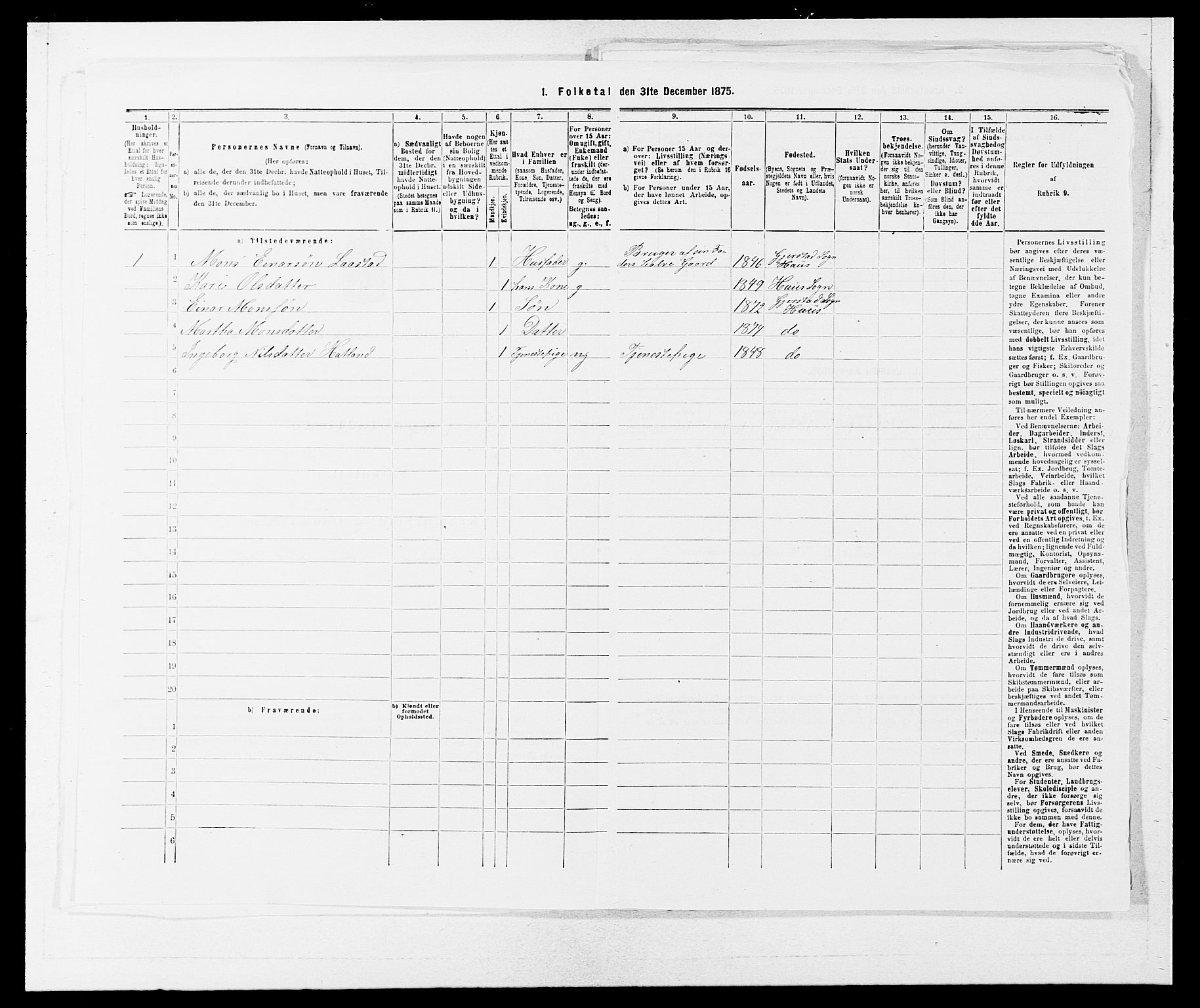 SAB, Folketelling 1875 for 1250P Haus prestegjeld, 1875, s. 399