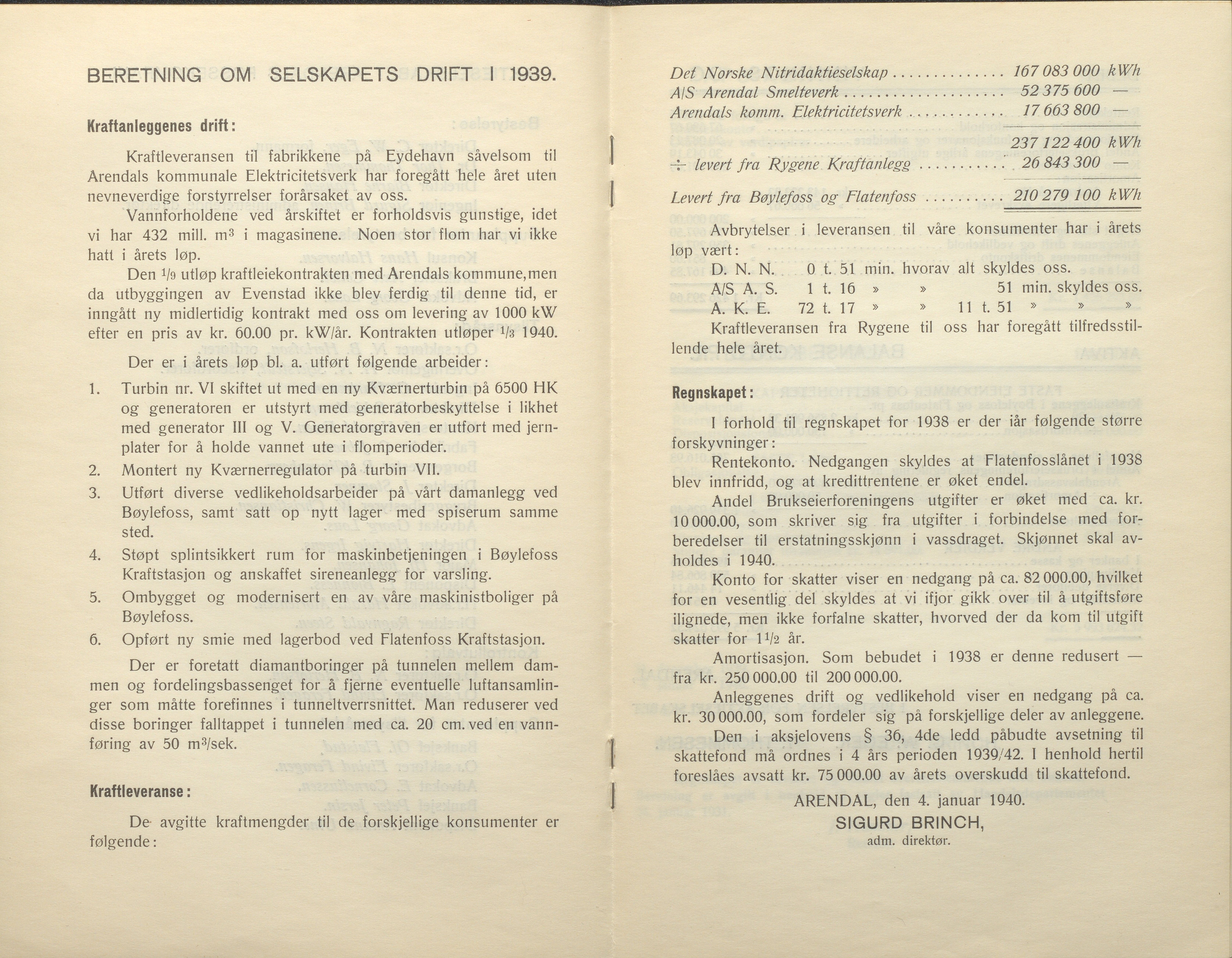 Arendals Fossekompani, AAKS/PA-2413/X/X01/L0001/0010: Beretninger, regnskap, balansekonto, gevinst- og tapskonto / Årsberetning og regnskap 1936 - 1942, 1936-1942