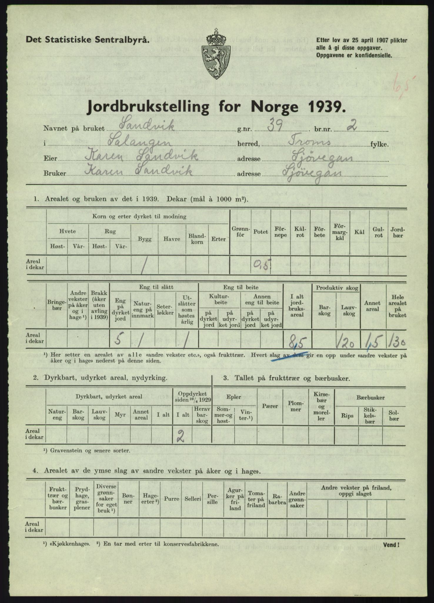 Statistisk sentralbyrå, Næringsøkonomiske emner, Jordbruk, skogbruk, jakt, fiske og fangst, AV/RA-S-2234/G/Gb/L0340: Troms: Salangen og Dyrøy, 1939, s. 147