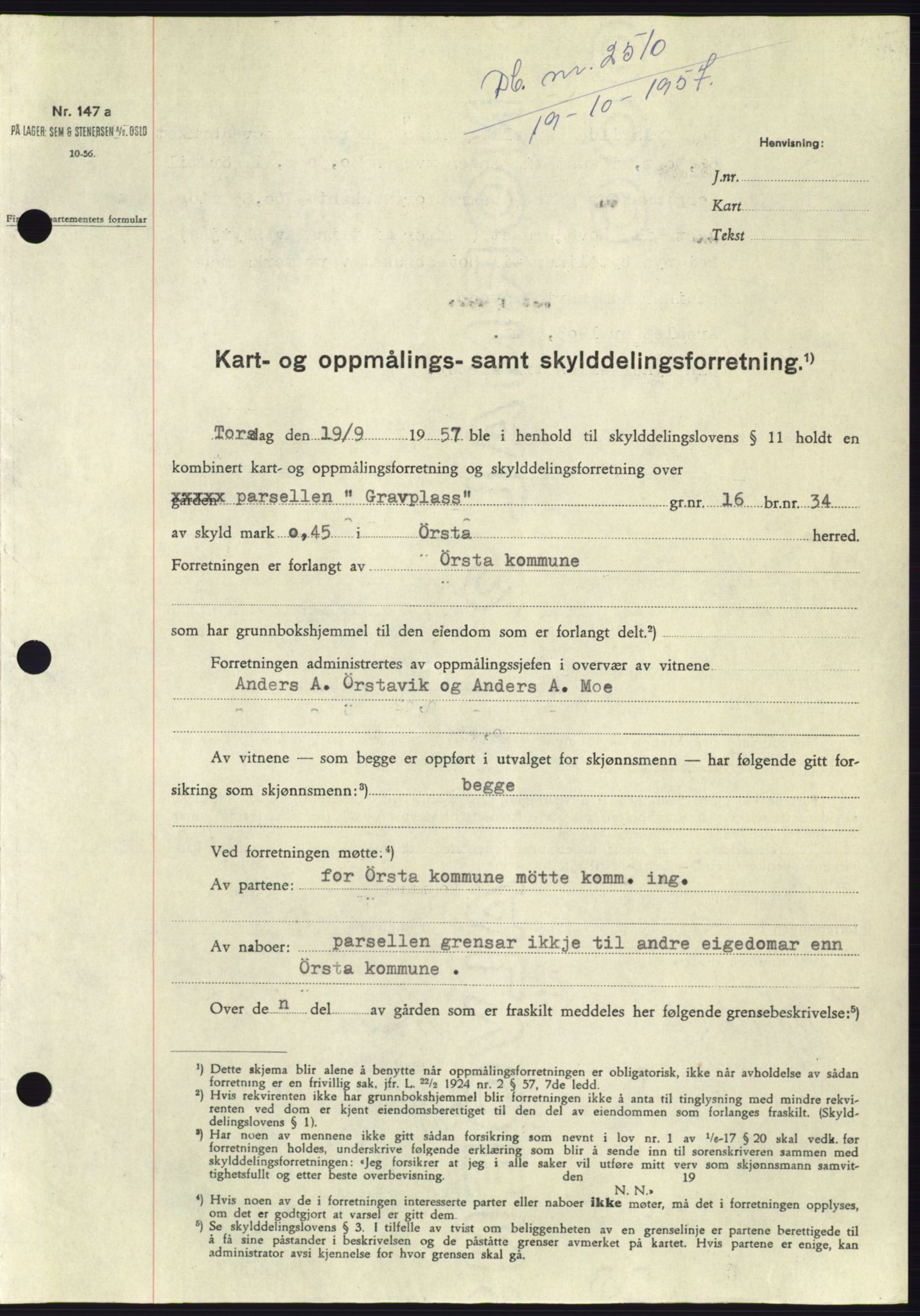 Søre Sunnmøre sorenskriveri, SAT/A-4122/1/2/2C/L0107: Pantebok nr. 33A, 1957-1957, Dagboknr: 2510/1957