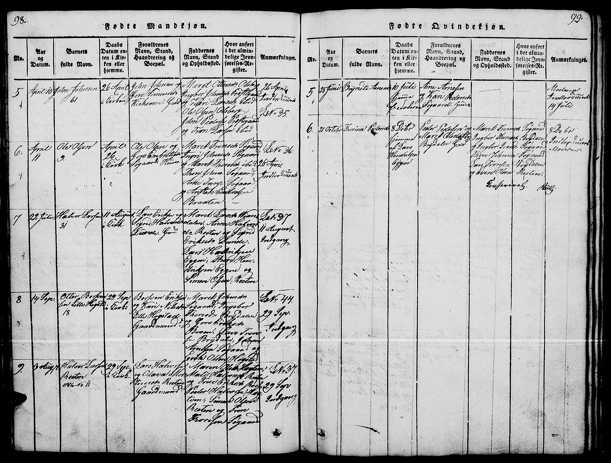 Tynset prestekontor, SAH/PREST-058/H/Ha/Hab/L0004: Klokkerbok nr. 4, 1814-1879, s. 98-99