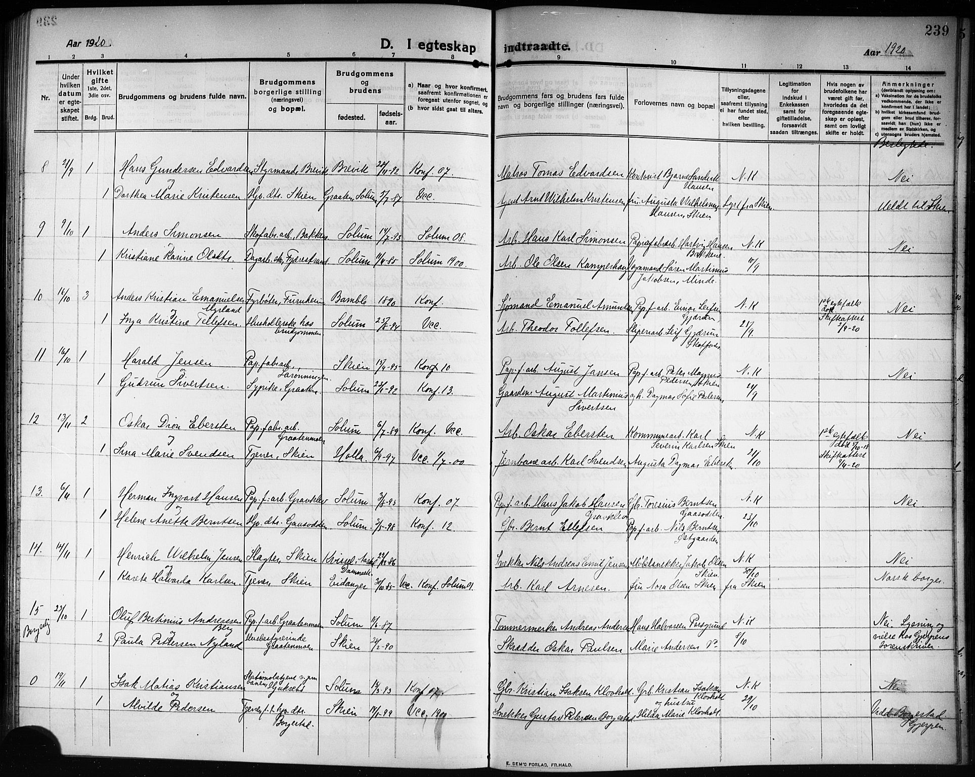 Solum kirkebøker, AV/SAKO-A-306/G/Ga/L0009: Klokkerbok nr. I 9, 1909-1922, s. 239