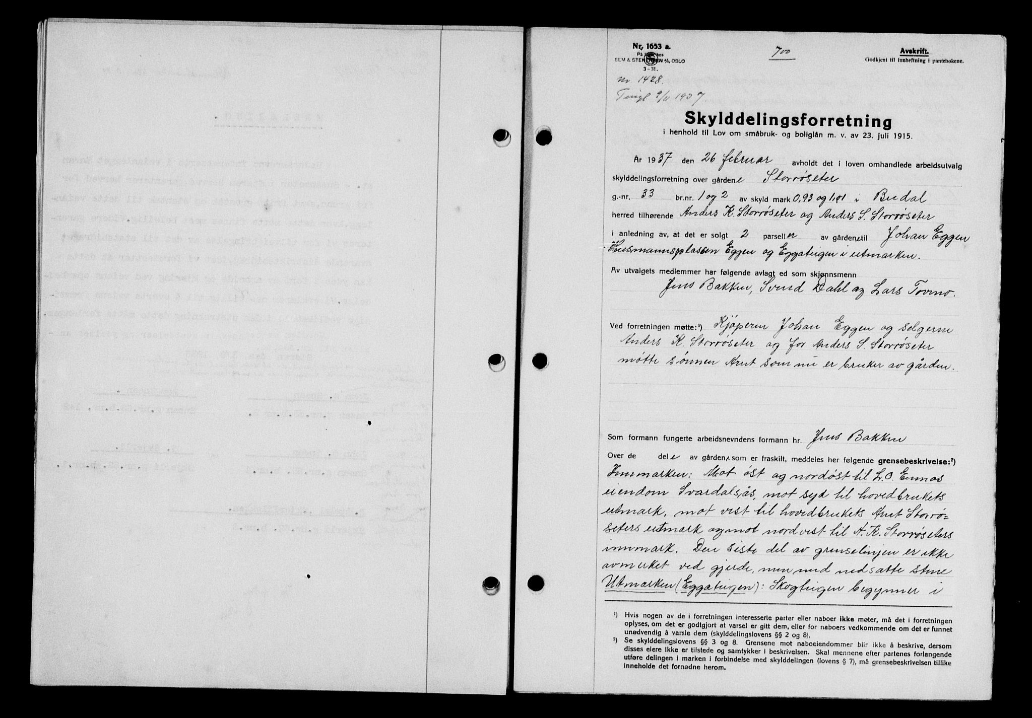 Gauldal sorenskriveri, SAT/A-0014/1/2/2C/L0048: Pantebok nr. 51-52, 1937-1938, s. 700, Dagboknr: 1428/1937