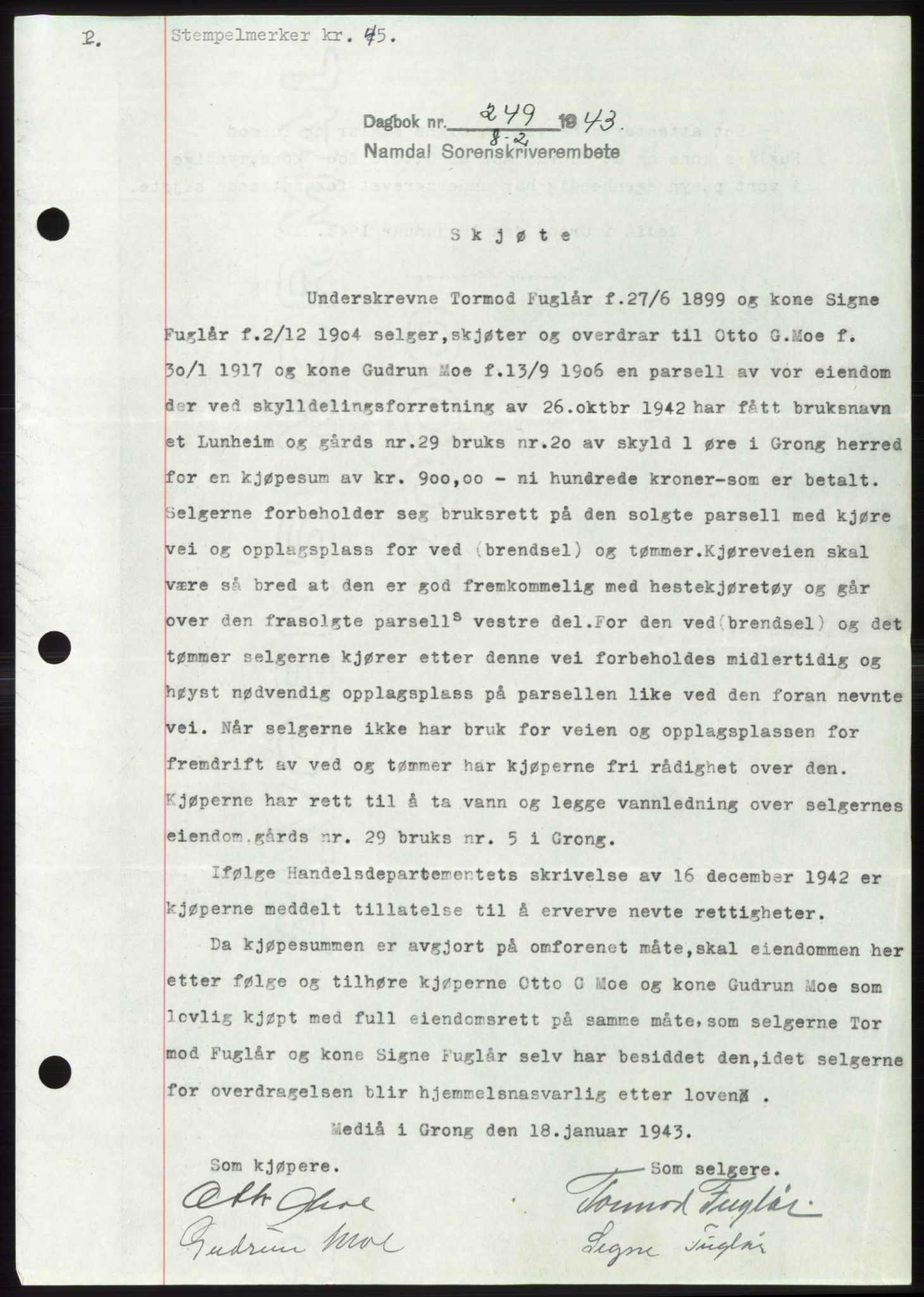 Namdal sorenskriveri, SAT/A-4133/1/2/2C: Pantebok nr. -, 1942-1943, Dagboknr: 249/1943