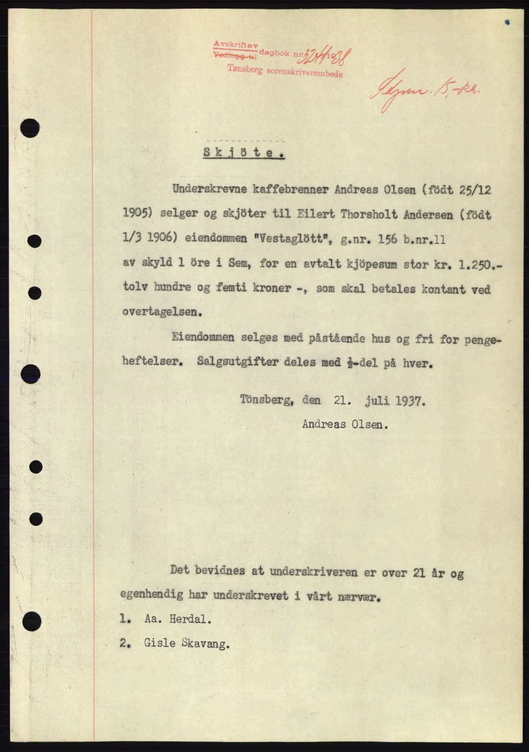 Jarlsberg sorenskriveri, SAKO/A-131/G/Ga/Gaa/L0006: Pantebok nr. A-6, 1938-1939, Dagboknr: 3241/1938