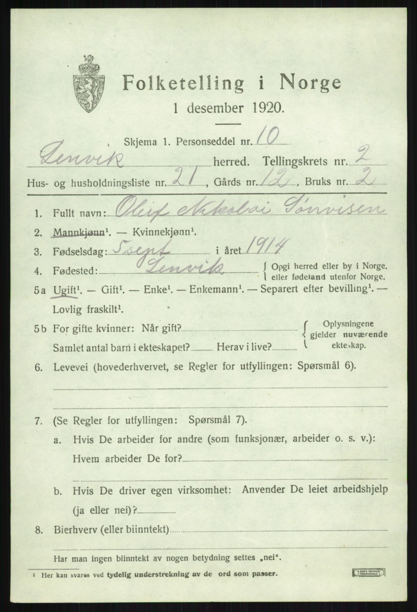 SATØ, Folketelling 1920 for 1931 Lenvik herred, 1920, s. 3454