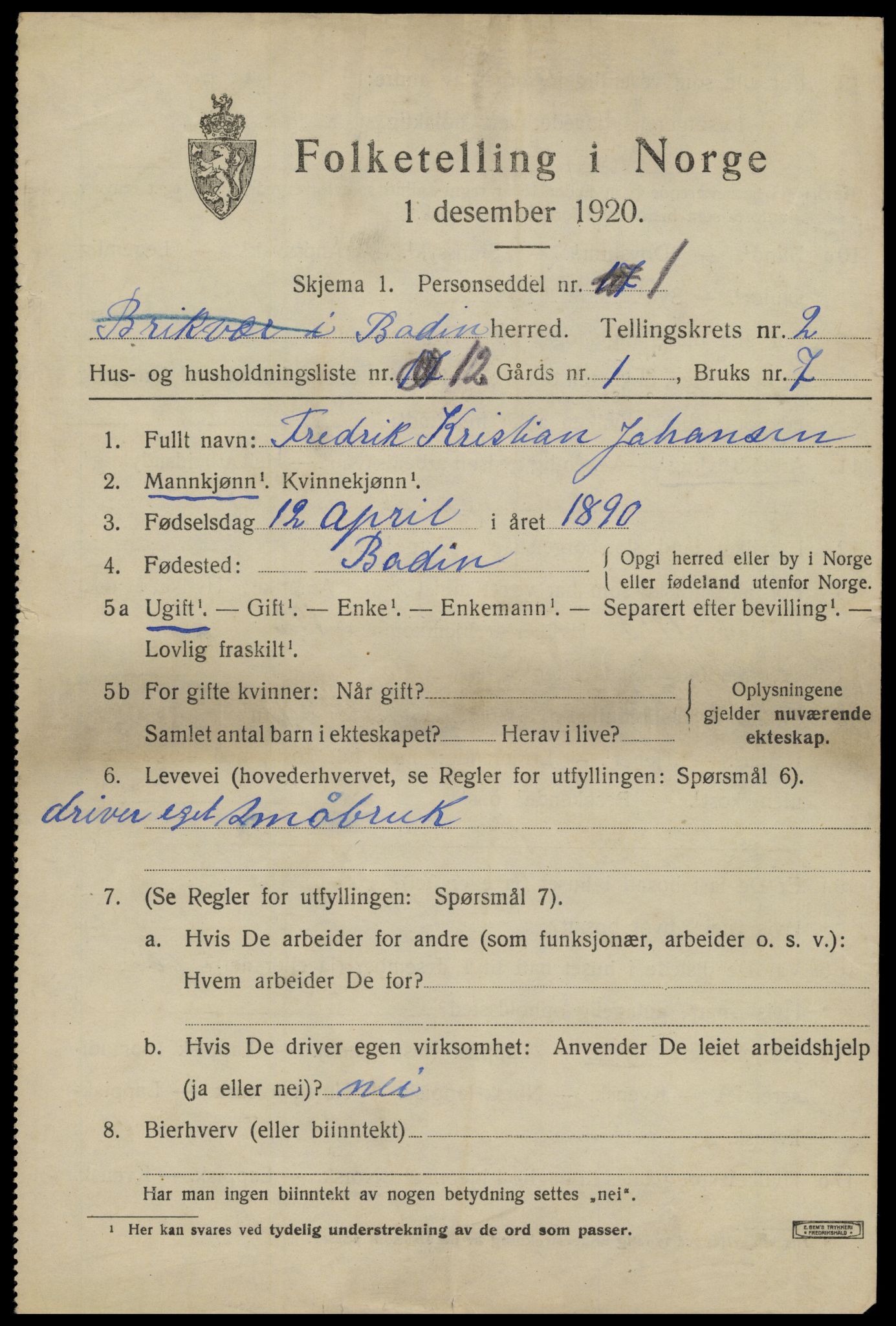 SAT, Folketelling 1920 for 1843 Bodin herred, 1920, s. 2098