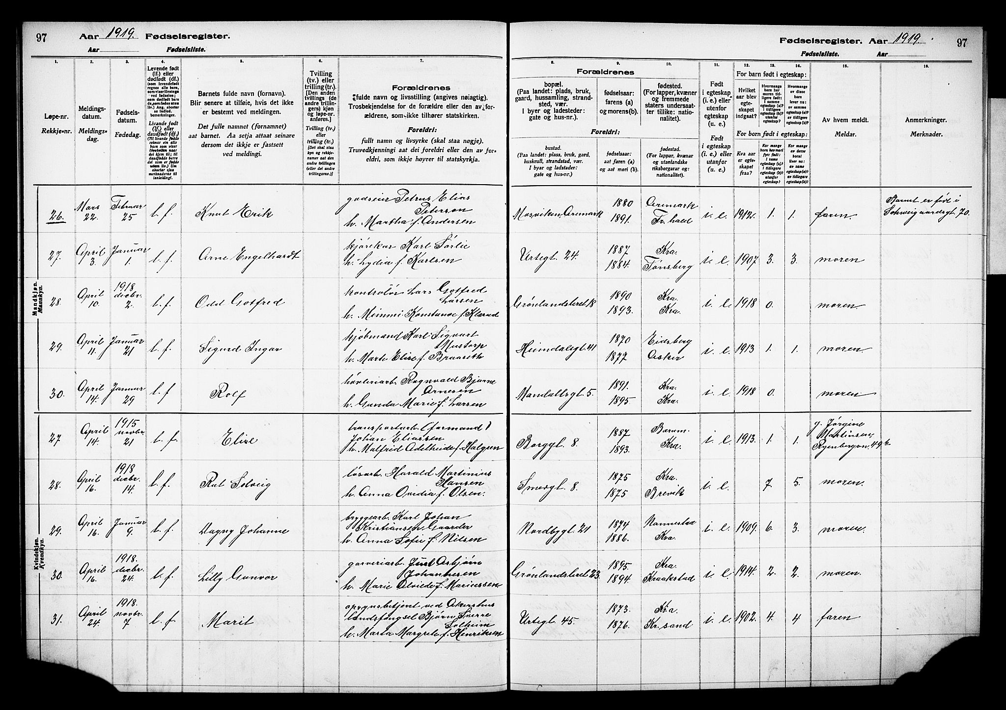 Grønland prestekontor Kirkebøker, AV/SAO-A-10848/J/Ja/L0001: Fødselsregister nr. 1, 1916-1922, s. 97