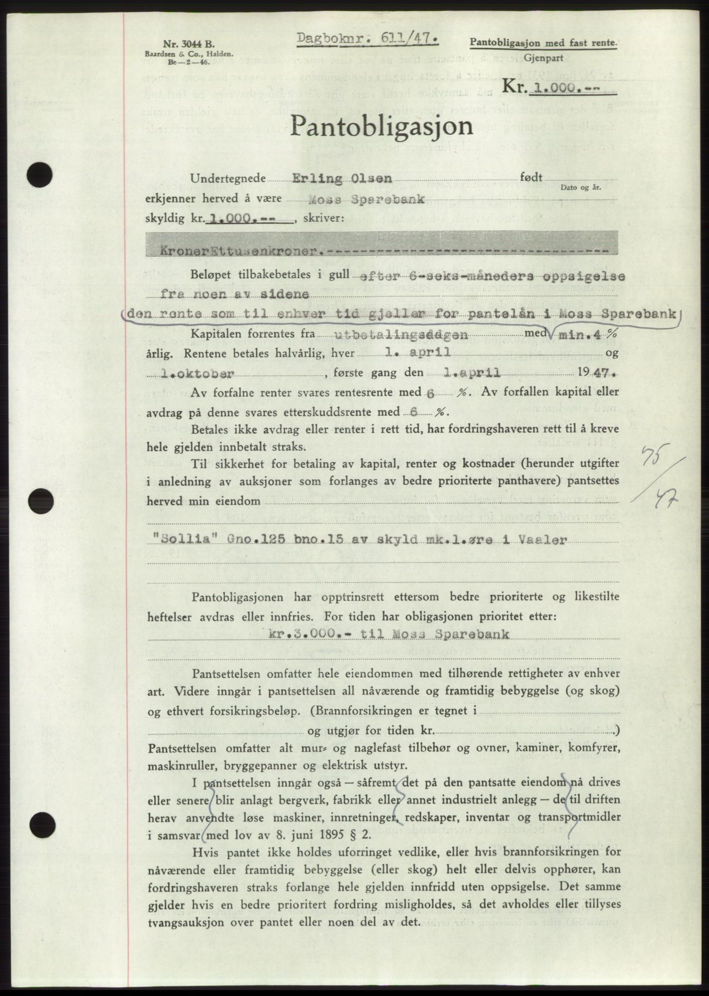 Moss sorenskriveri, SAO/A-10168: Pantebok nr. B16, 1946-1947, Dagboknr: 611/1947
