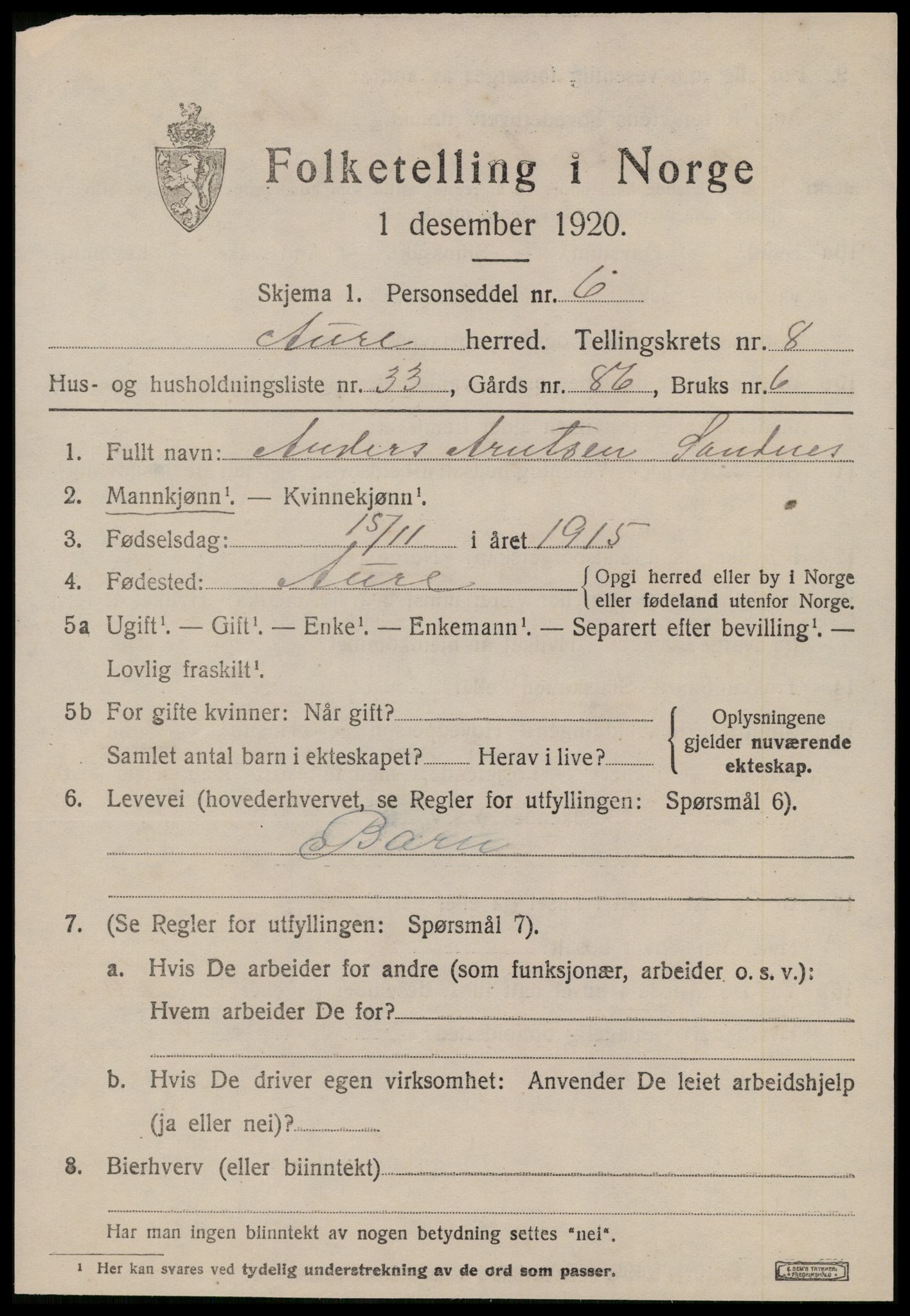 SAT, Folketelling 1920 for 1569 Aure herred, 1920, s. 3536