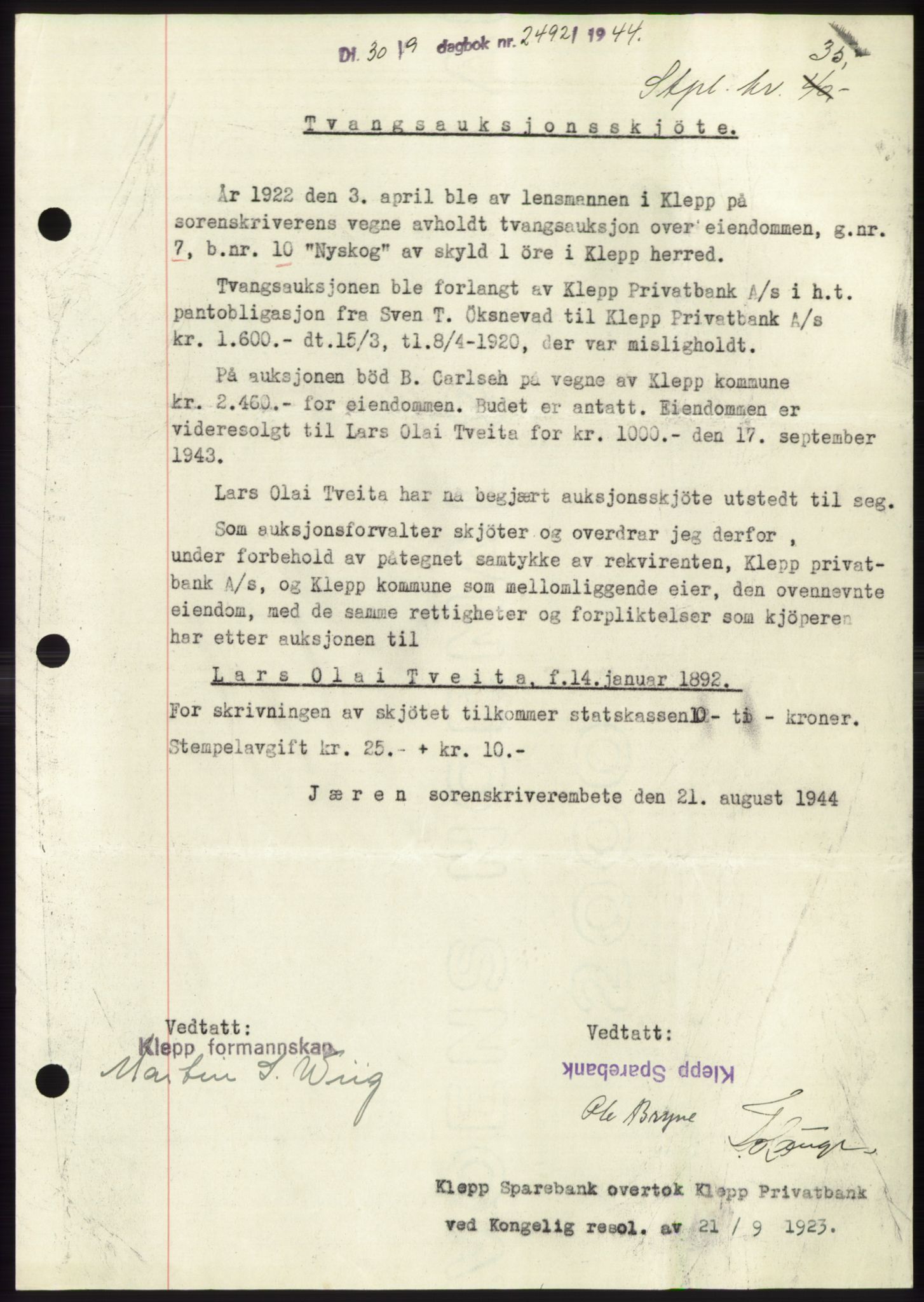 Jæren sorenskriveri, SAST/A-100310/03/G/Gba/L0087: Pantebok, 1944-1945, Dagboknr: 2492/1944