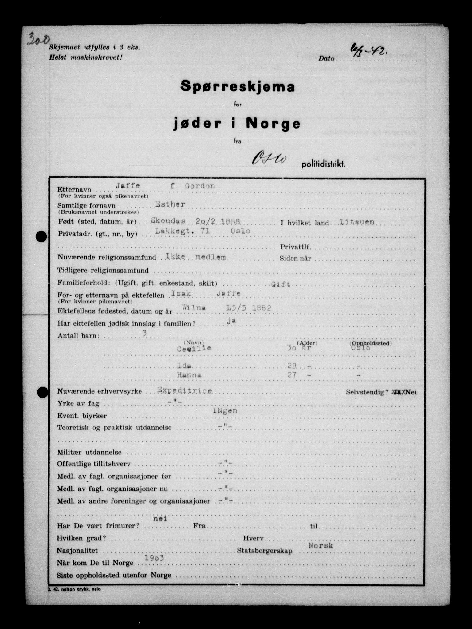 Statspolitiet - Hovedkontoret / Osloavdelingen, AV/RA-S-1329/G/Ga/L0010: Spørreskjema for jøder i Norge, Oslo Hansen-Pintzow, 1942, s. 116