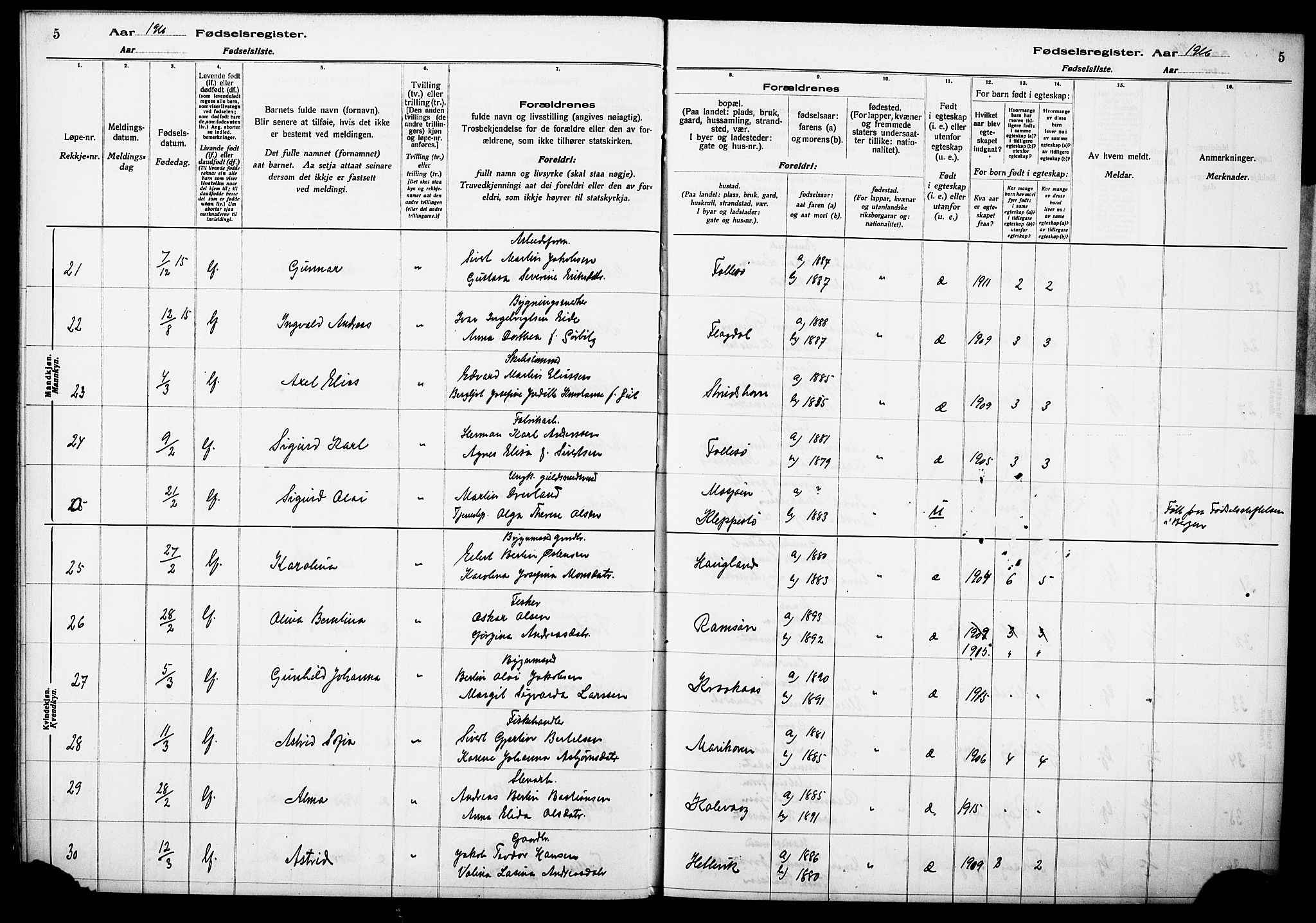 Askøy Sokneprestembete, AV/SAB-A-74101/I/Id/L00A1: Fødselsregister nr. A 1, 1916-1928, s. 5