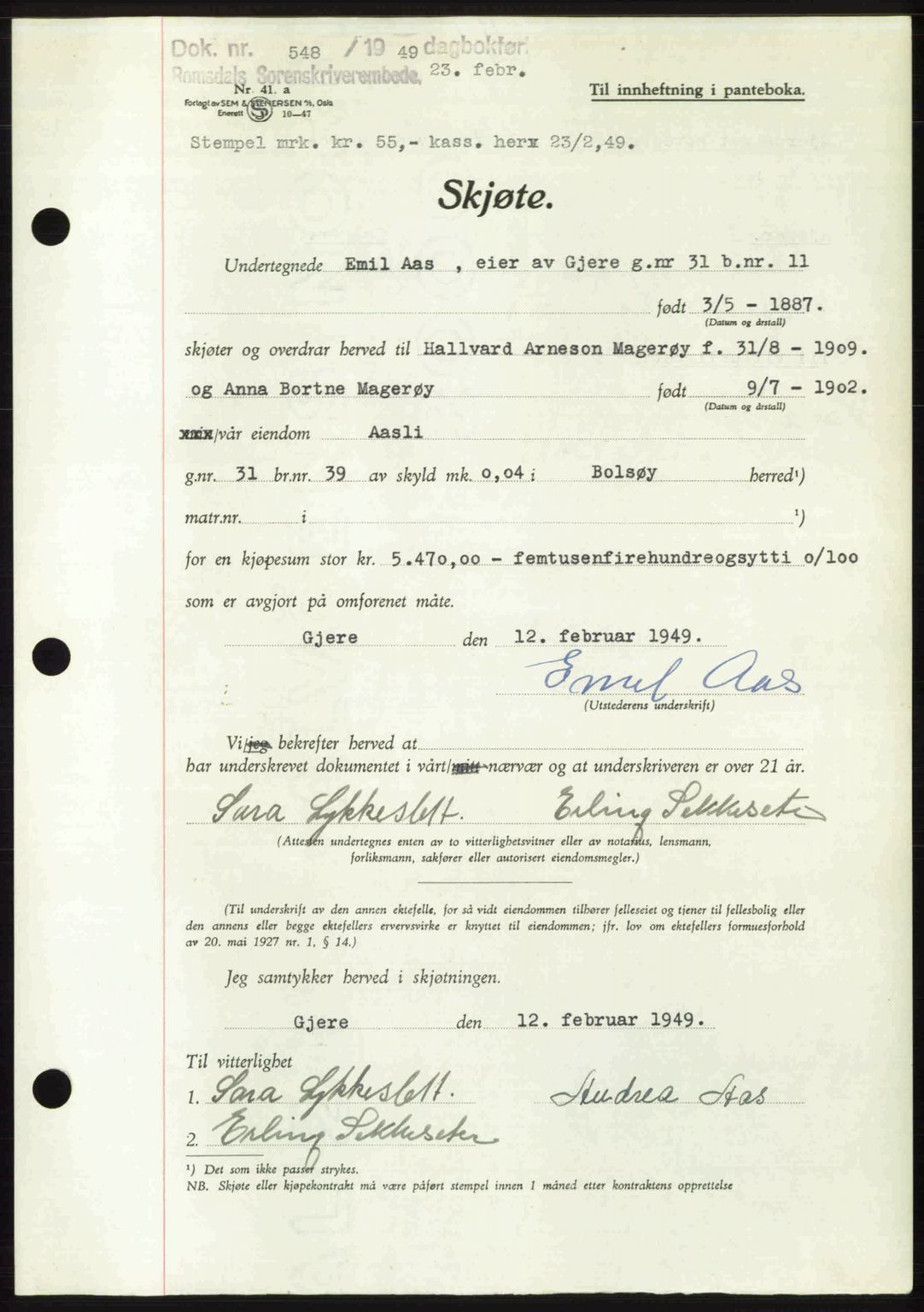 Romsdal sorenskriveri, AV/SAT-A-4149/1/2/2C: Pantebok nr. A28, 1948-1949, Dagboknr: 548/1949