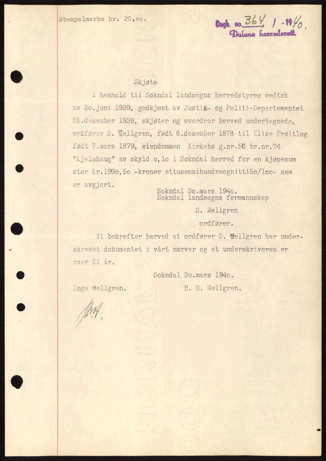 Dalane sorenskriveri, SAST/A-100309/02/G/Gb/L0044: Pantebok nr. A5, 1940-1941, Dagboknr: 364/1940