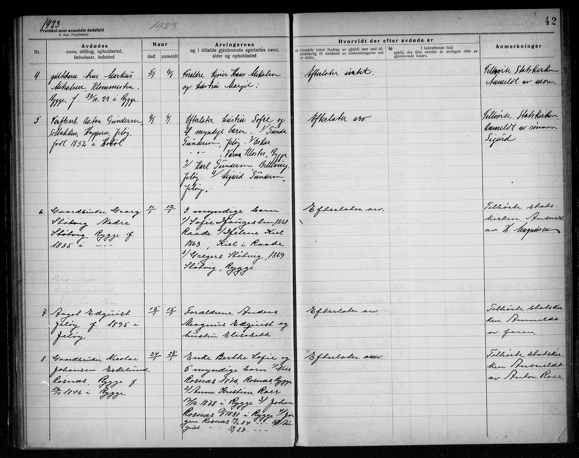 Rygge lensmannskontor, AV/SAO-A-10005/H/Ha/Haa/L0007: Dødsfallsprotokoll, 1920-1925, s. 42