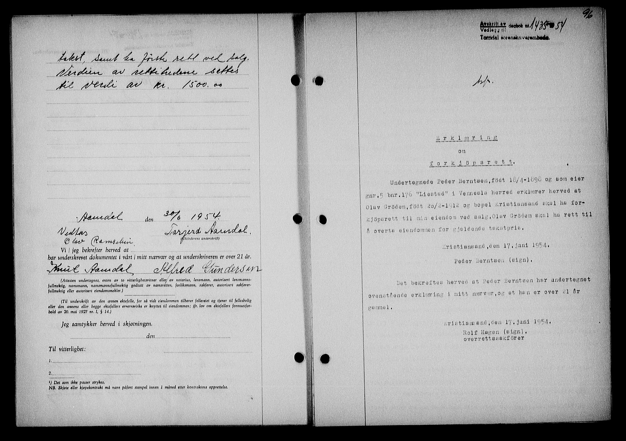 Torridal sorenskriveri, SAK/1221-0012/G/Gb/Gba/L0065: Pantebok nr. 80a-84a, 1953-1955, Dagboknr: 1435/1954