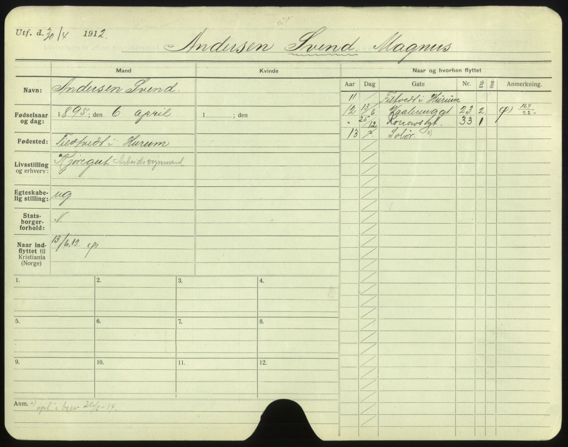 Oslo folkeregister, Registerkort, AV/SAO-A-11715/F/Fa/Fac/L0001: Menn, 1906-1914, s. 454a