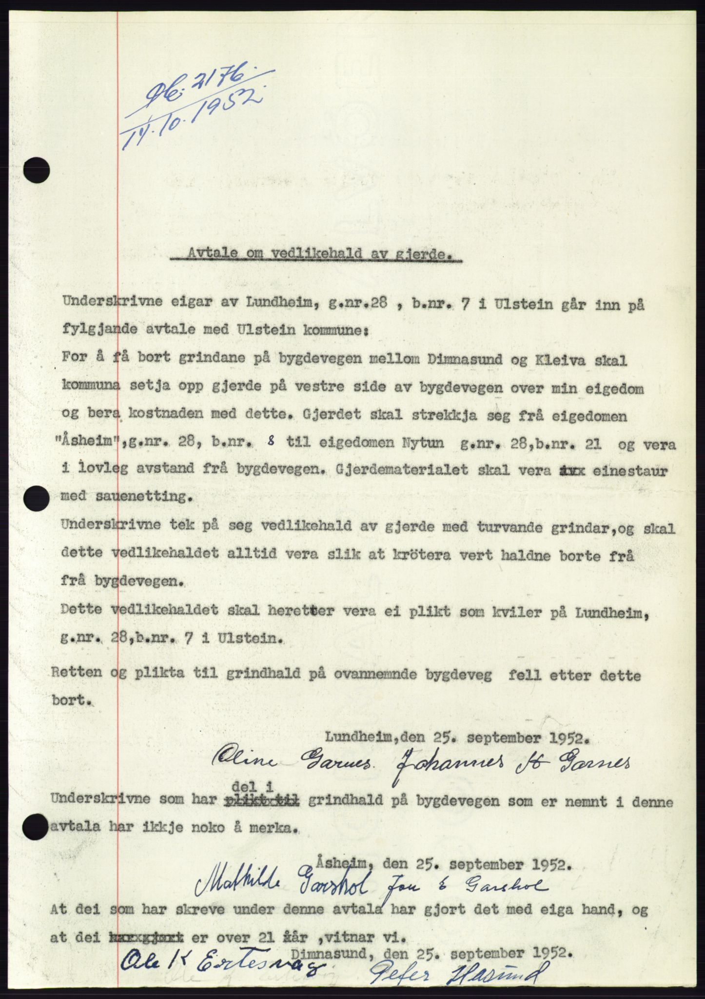 Søre Sunnmøre sorenskriveri, AV/SAT-A-4122/1/2/2C/L0093: Pantebok nr. 19A, 1952-1953, Dagboknr: 2176/1952
