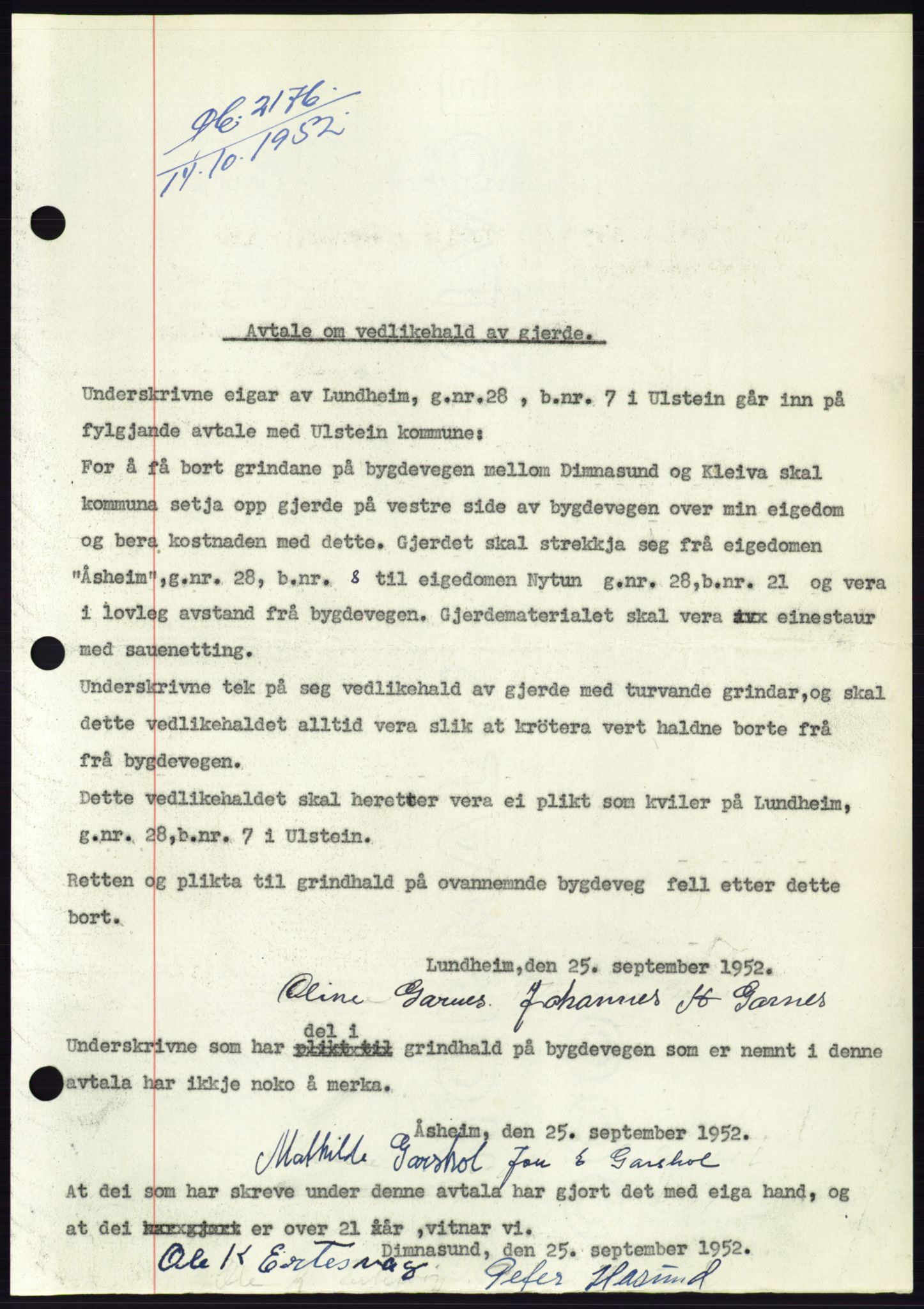 Søre Sunnmøre sorenskriveri, SAT/A-4122/1/2/2C/L0093: Pantebok nr. 19A, 1952-1953, Dagboknr: 2176/1952