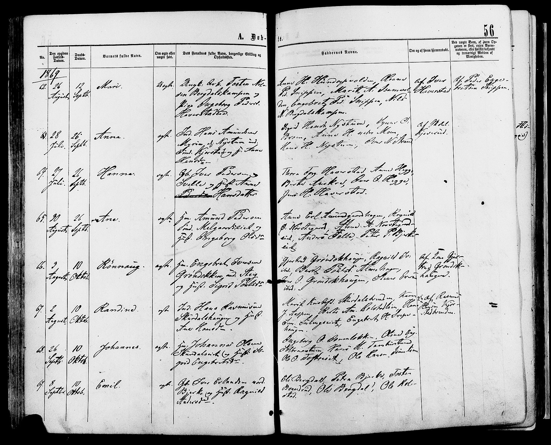 Sør-Fron prestekontor, SAH/PREST-010/H/Ha/Haa/L0002: Ministerialbok nr. 2, 1864-1880, s. 56