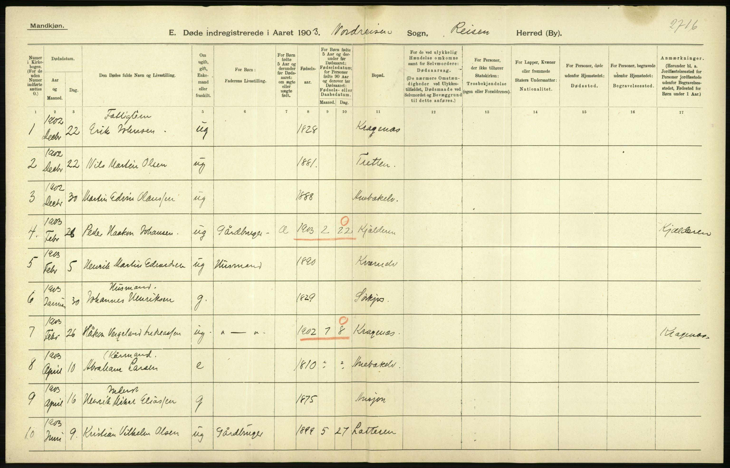 Statistisk sentralbyrå, Sosiodemografiske emner, Befolkning, RA/S-2228/D/Df/Dfa/Dfaa/L0021: Tromsø amt: Fødte, gifte, døde., 1903, s. 388