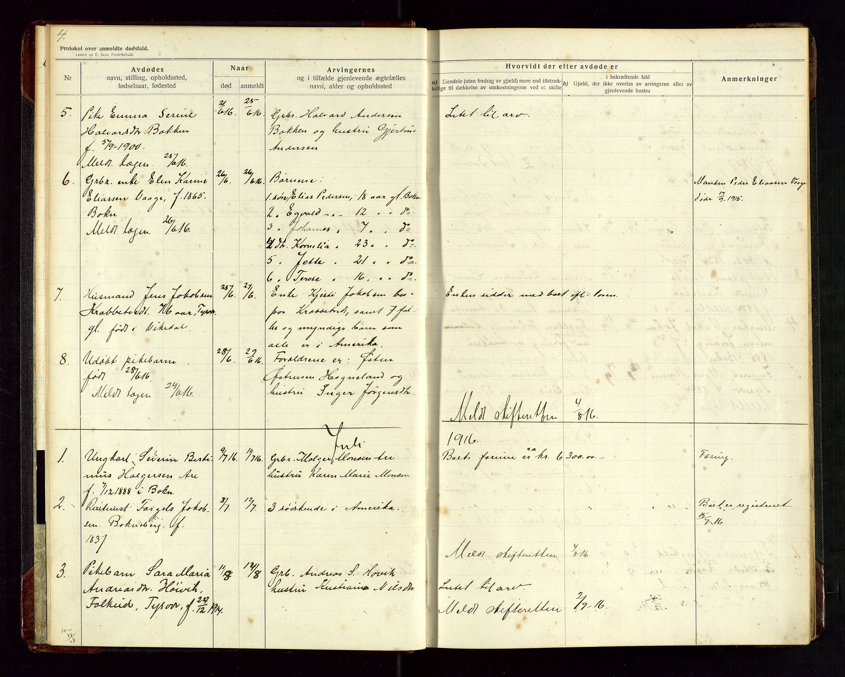 Tysvær lensmannskontor, AV/SAST-A-100192/Gga/L0003: "Protokol over anmeldte dødsfald i Tysvær" med register, 1916-1926, s. 4