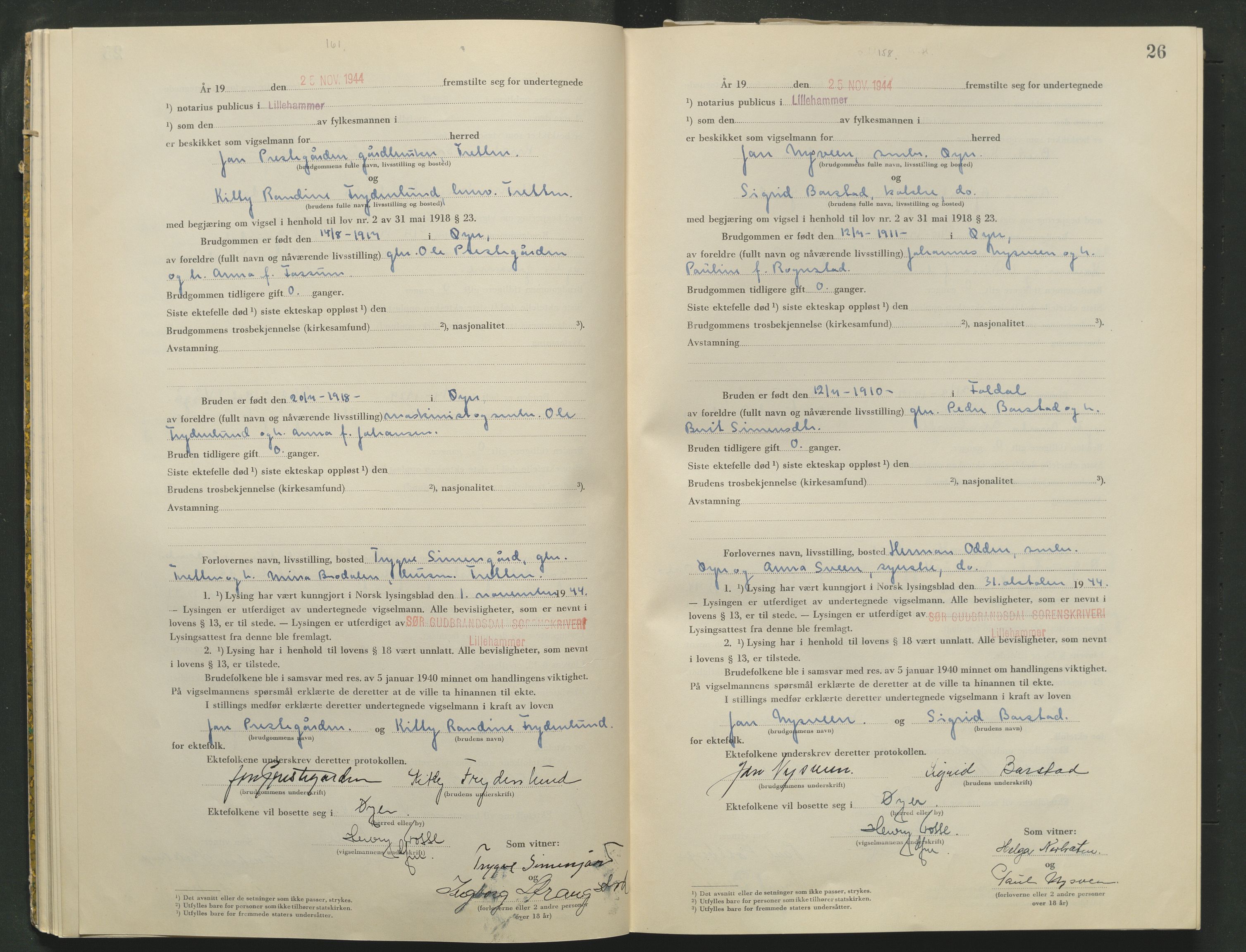 Sør-Gudbrandsdal tingrett, AV/SAH-TING-004/L/Lc/L0005: Vigselsprotokoll, 1944-1946, s. 26