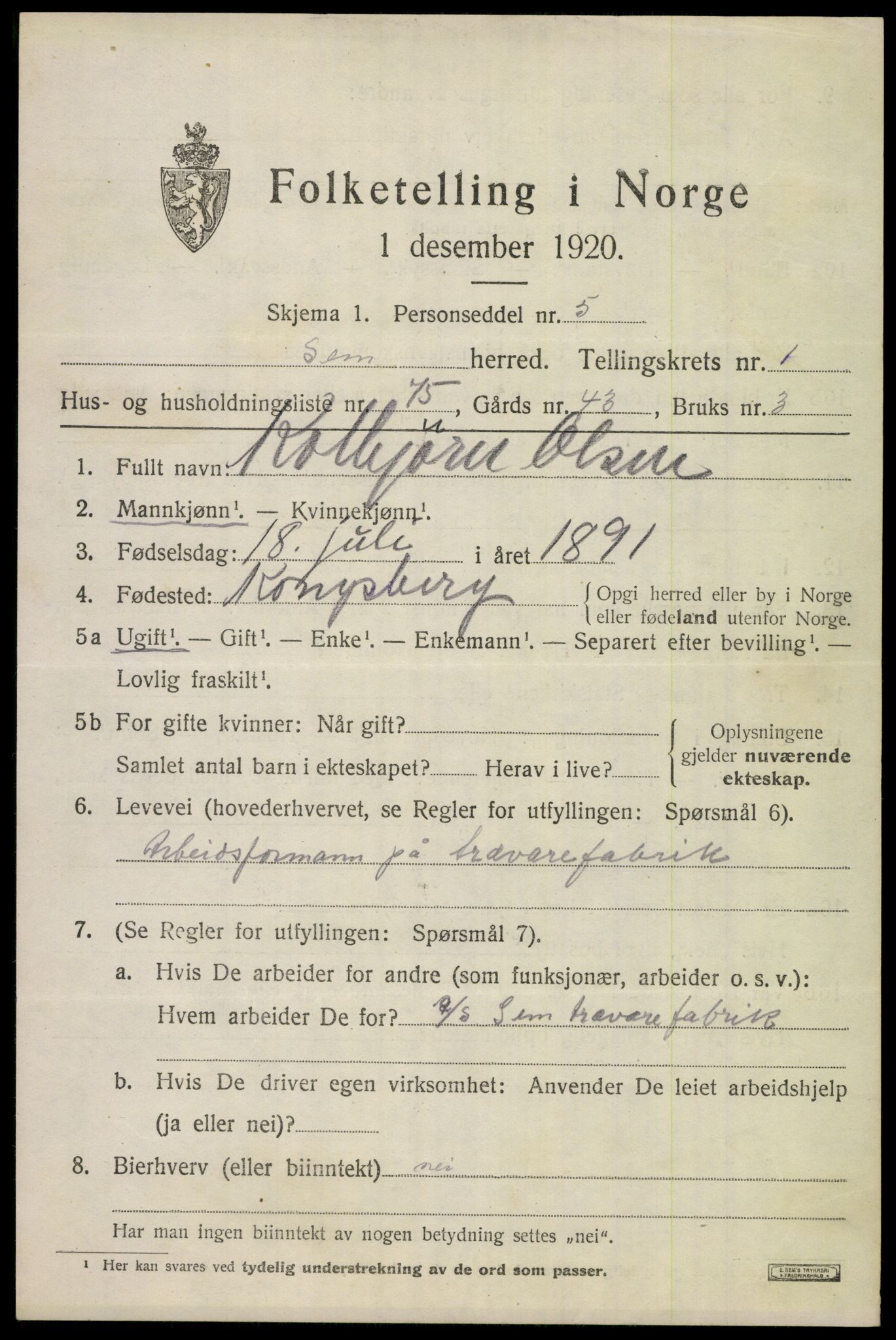 SAKO, Folketelling 1920 for 0721 Sem herred, 1920, s. 3597