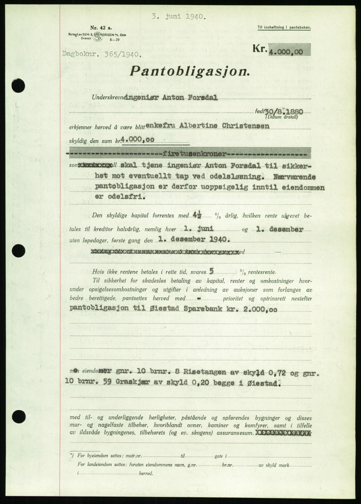 Nedenes sorenskriveri, SAK/1221-0006/G/Gb/Gbb/L0001: Pantebok nr. I, 1939-1942, Dagboknr: 365/1940