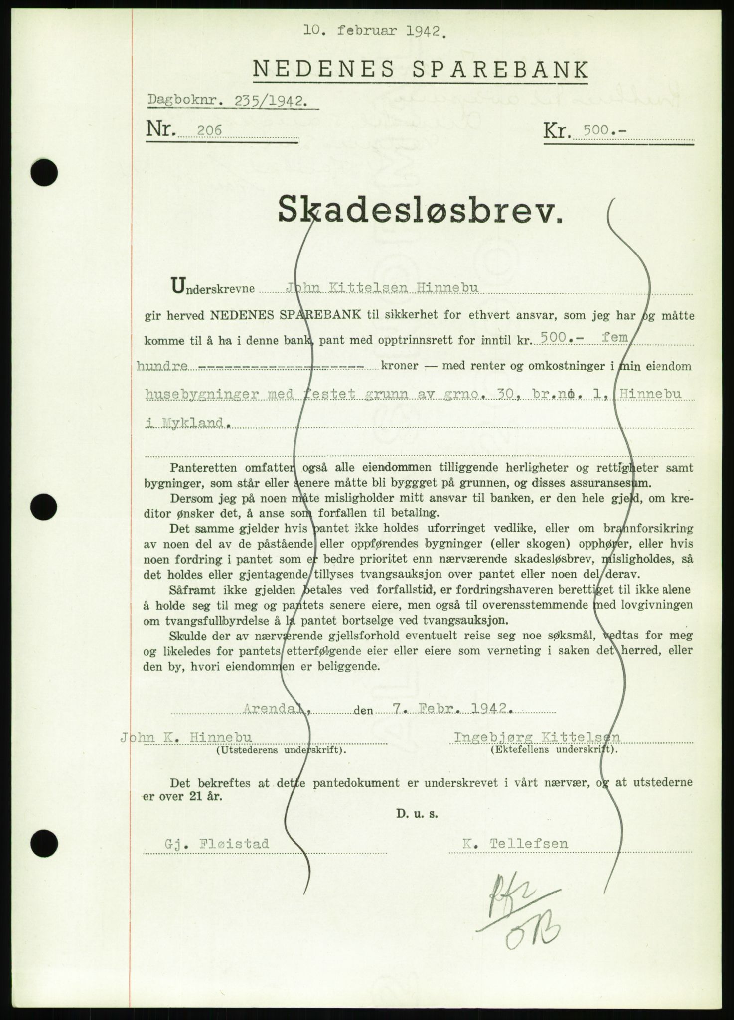 Nedenes sorenskriveri, SAK/1221-0006/G/Gb/Gbb/L0001: Pantebok nr. I, 1939-1942, Dagboknr: 235/1942