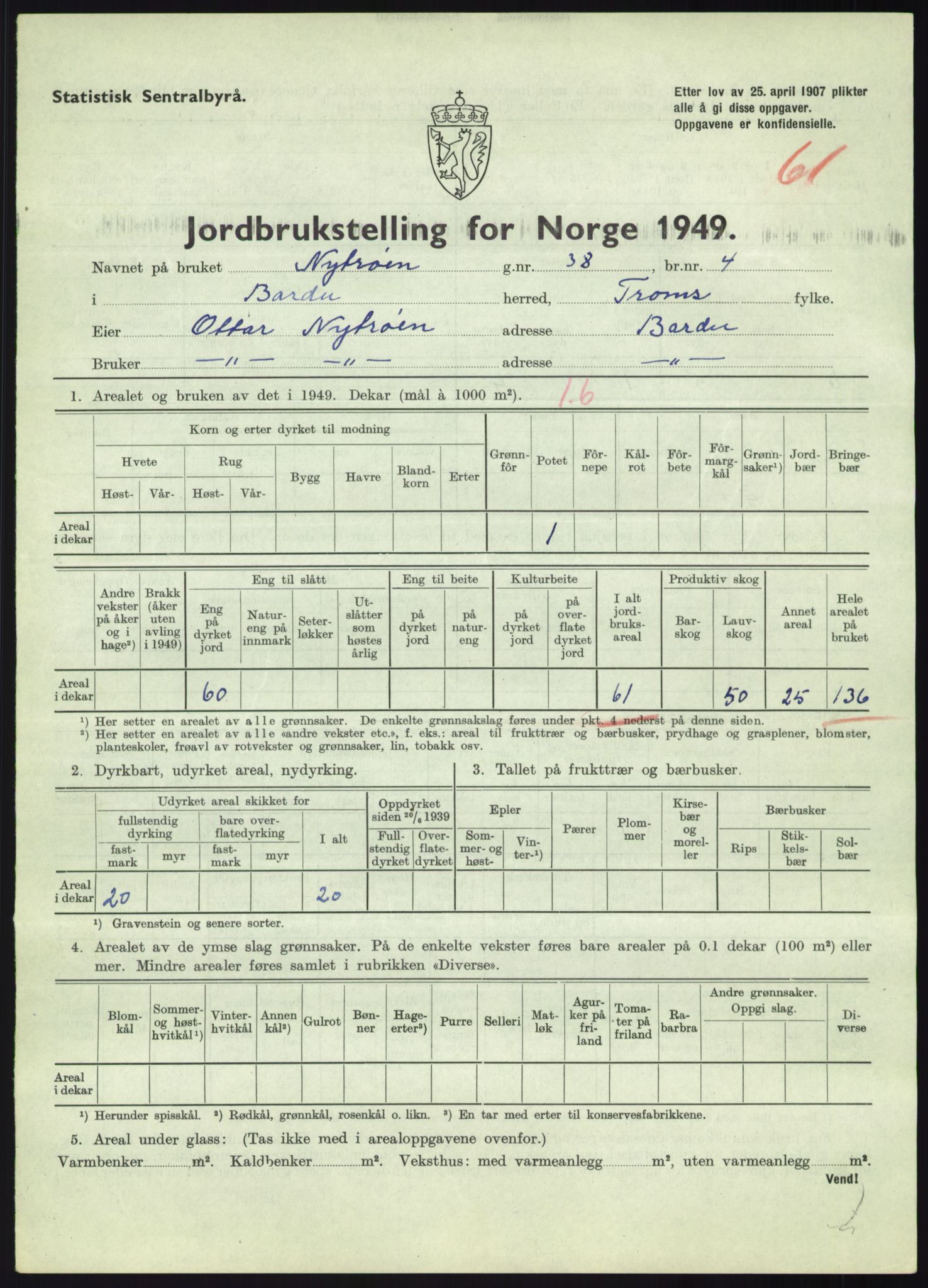 Statistisk sentralbyrå, Næringsøkonomiske emner, Jordbruk, skogbruk, jakt, fiske og fangst, AV/RA-S-2234/G/Gc/L0438: Troms: Salangen og Bardu, 1949, s. 1459