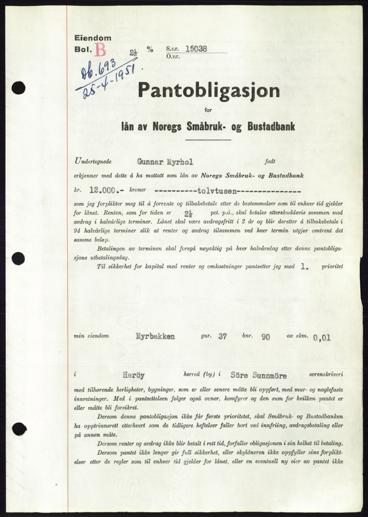 Søre Sunnmøre sorenskriveri, SAT/A-4122/1/2/2C/L0119: Pantebok nr. 7B, 1950-1951, Dagboknr: 693/1951