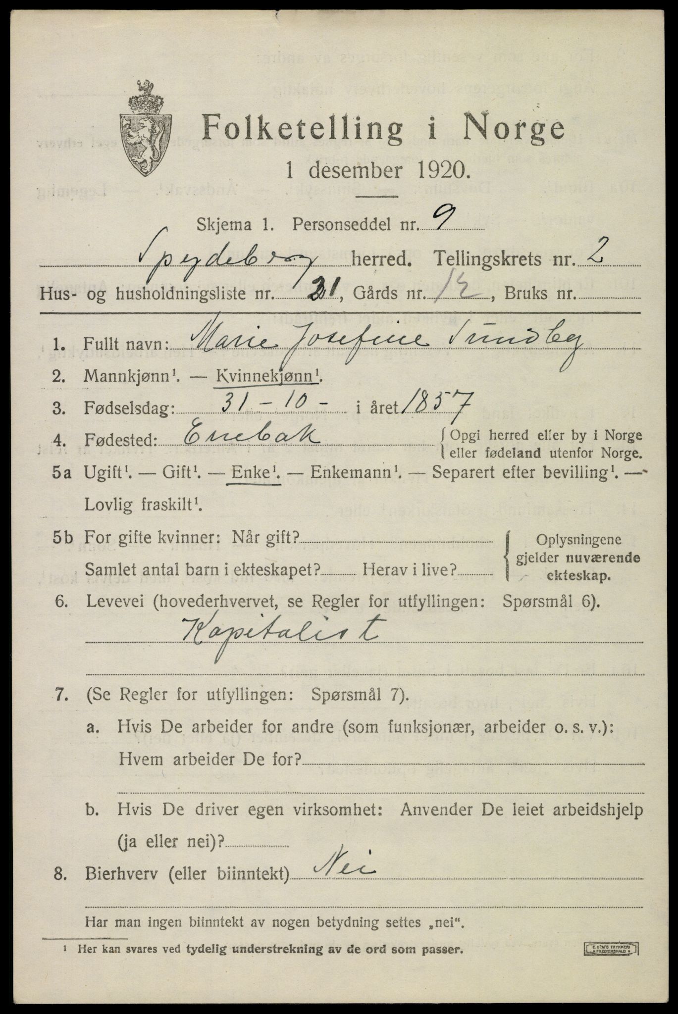 SAO, Folketelling 1920 for 0123 Spydeberg herred, 1920, s. 3089
