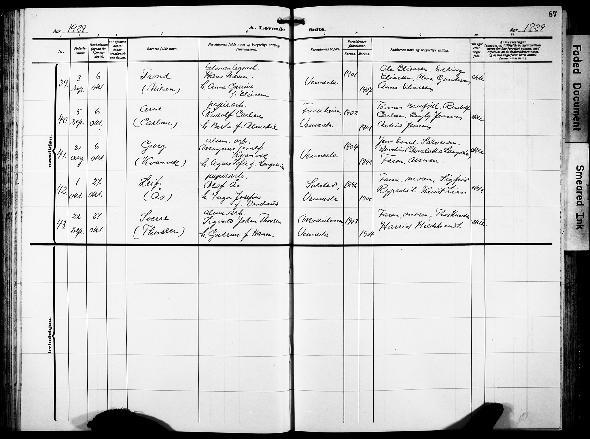 Vennesla sokneprestkontor, AV/SAK-1111-0045/Fb/Fbb/L0007: Klokkerbok nr. B 7, 1922-1933, s. 87