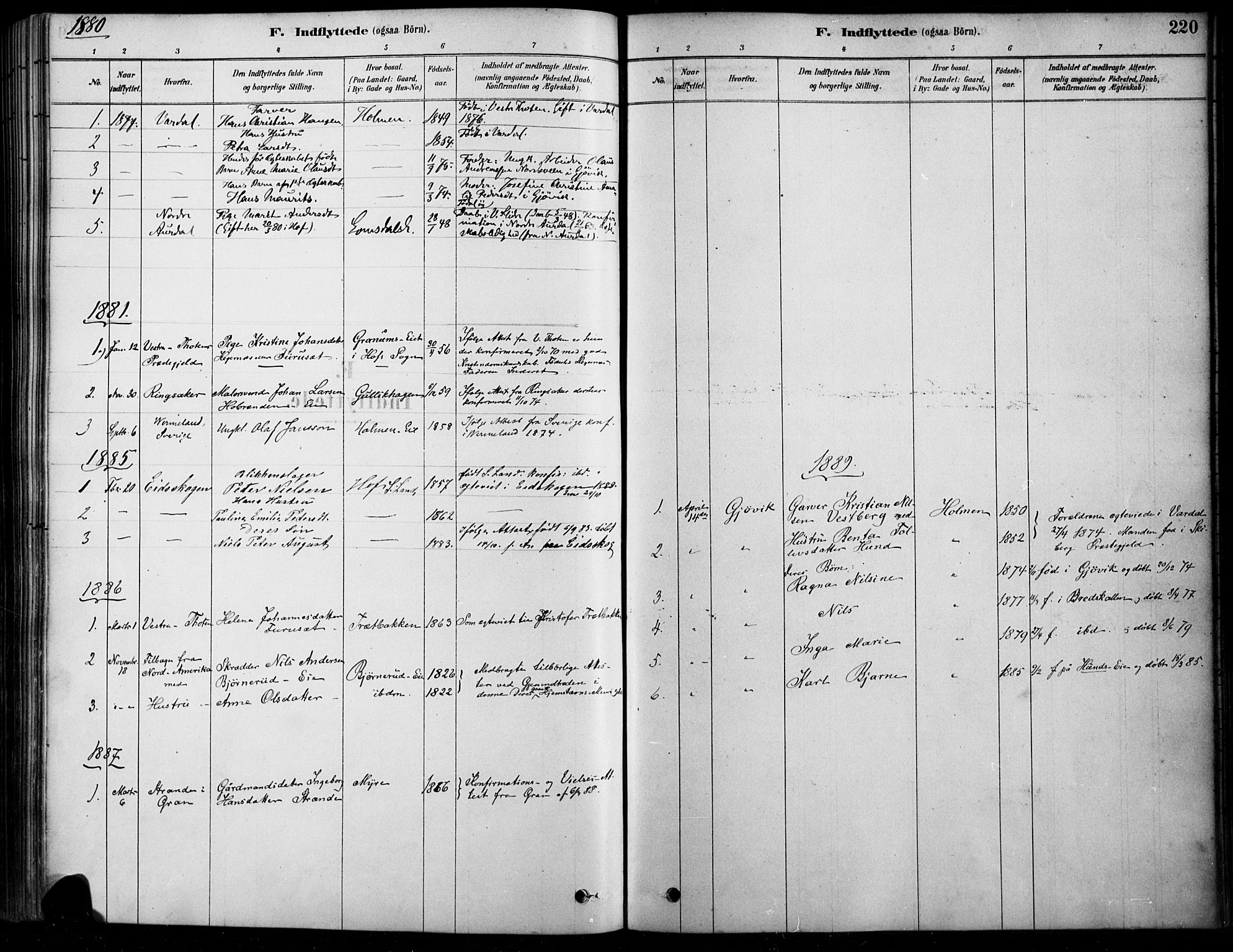 Søndre Land prestekontor, AV/SAH-PREST-122/K/L0003: Ministerialbok nr. 3, 1878-1894, s. 220